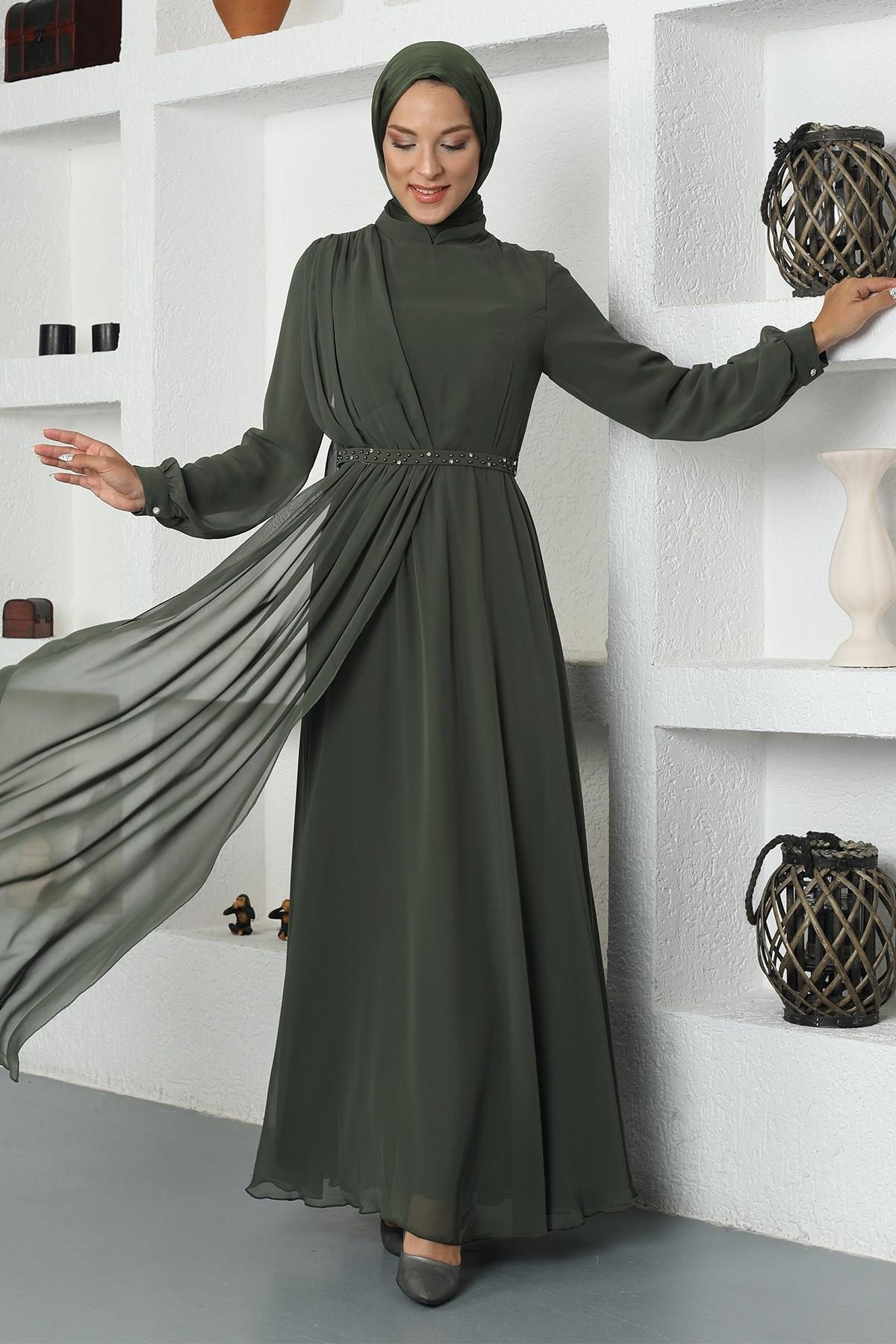 Belt Detailed Stone Khaki Chiffon Evening Dress AMH626AMH626-HAKİAmine Hüma