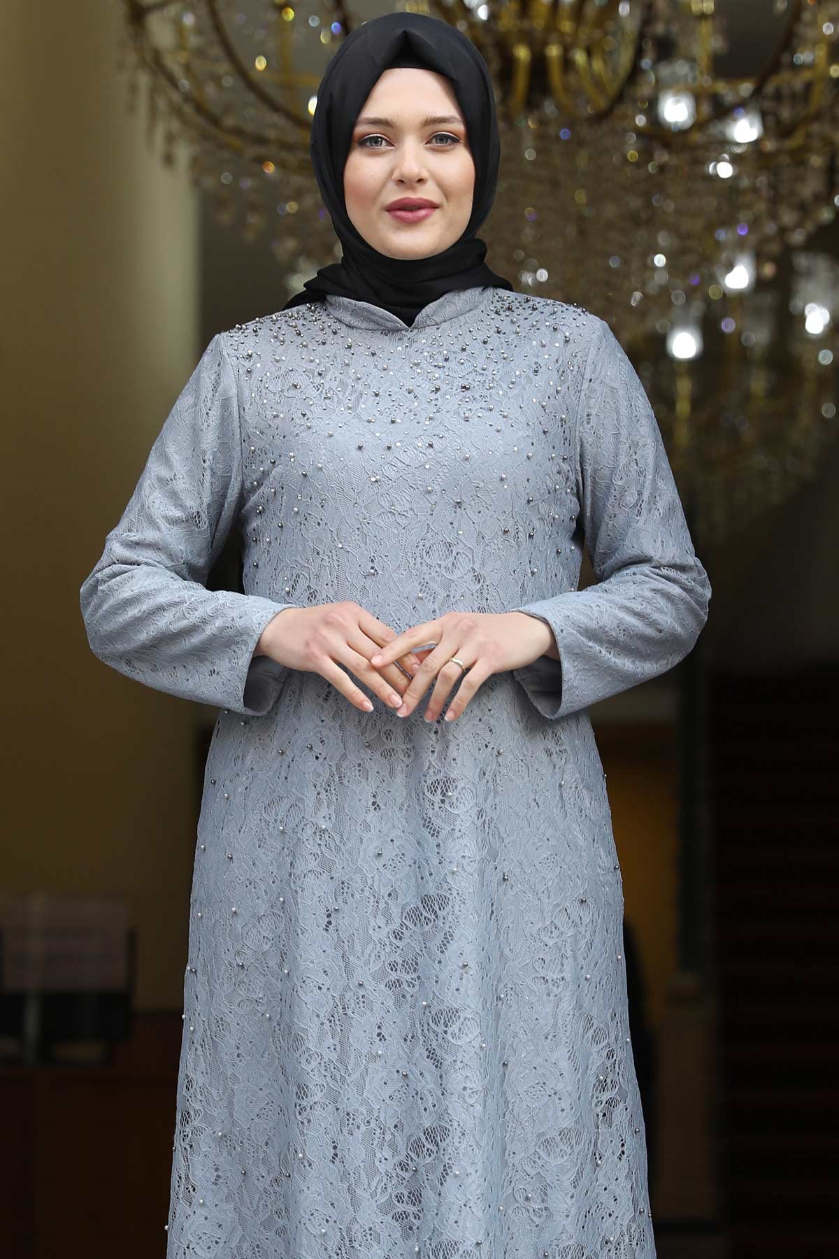 EDA DANTELLİ ELBİSEAMH628-GRİAmine Hüma