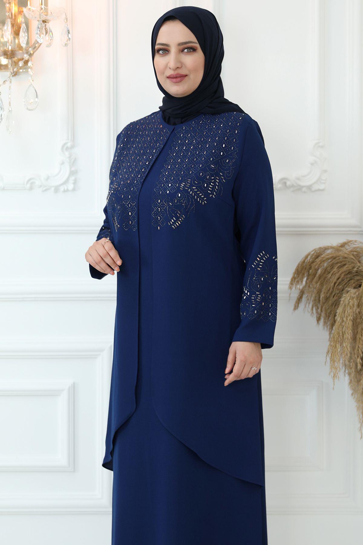 Stone Print Detail Evening Dress Indigo AMH792AMH792-İNDİGOAmine Hüma