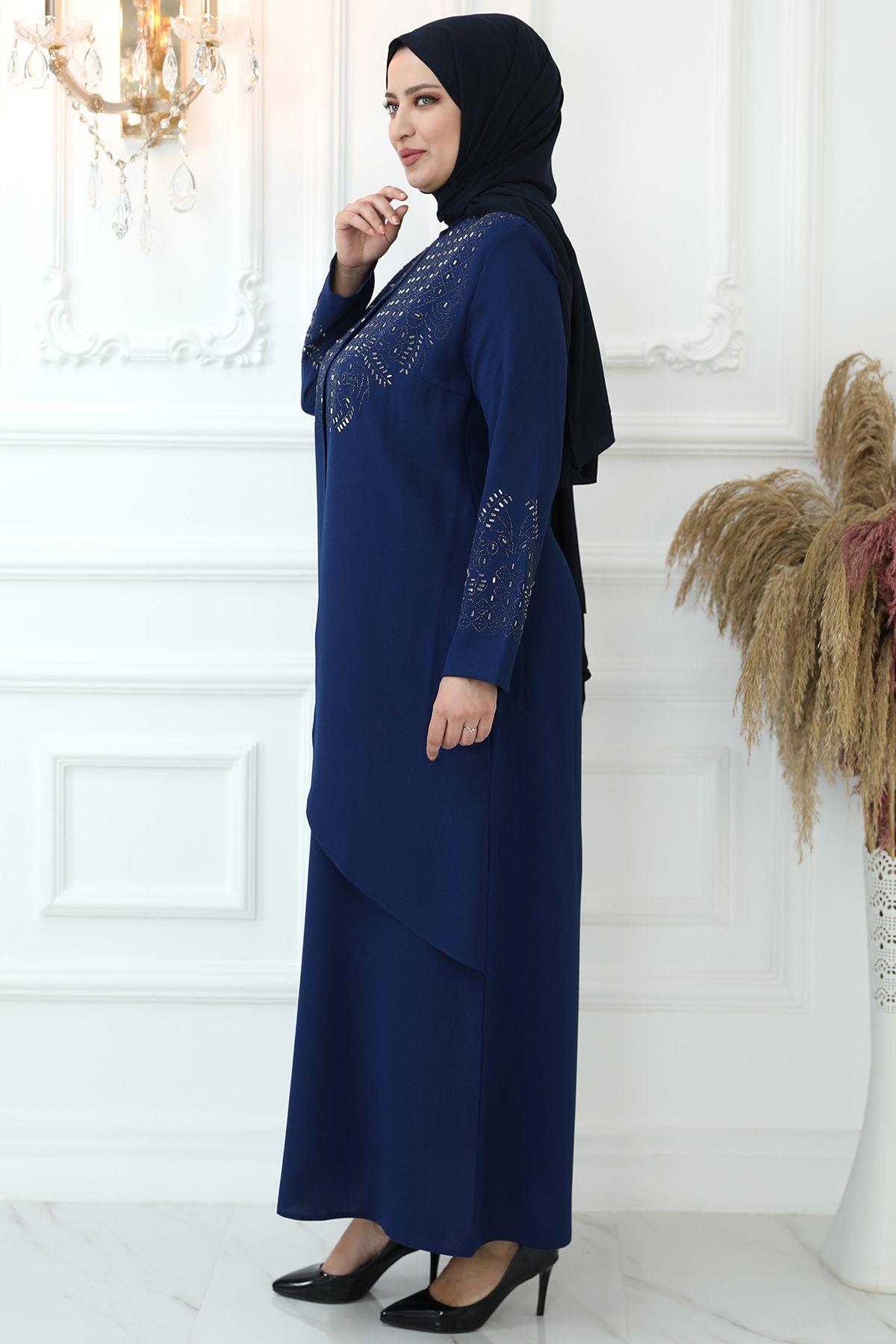 Stone Print Detail Evening Dress Indigo AMH792AMH792-İNDİGOAmine Hüma