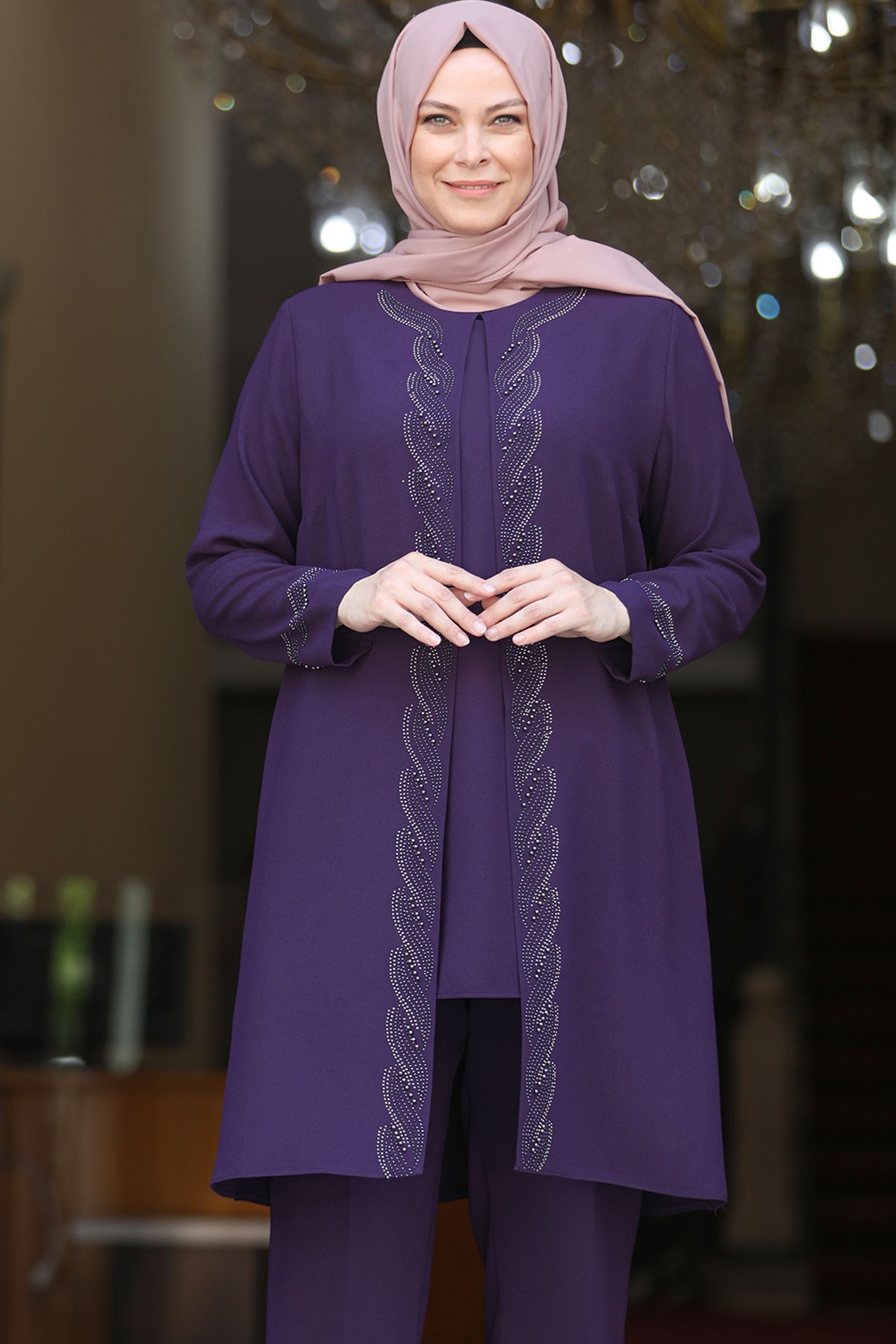 Stone Embroidered Double Suit Plum AMH810AMH810-MÜRDÜMAmine Hüma