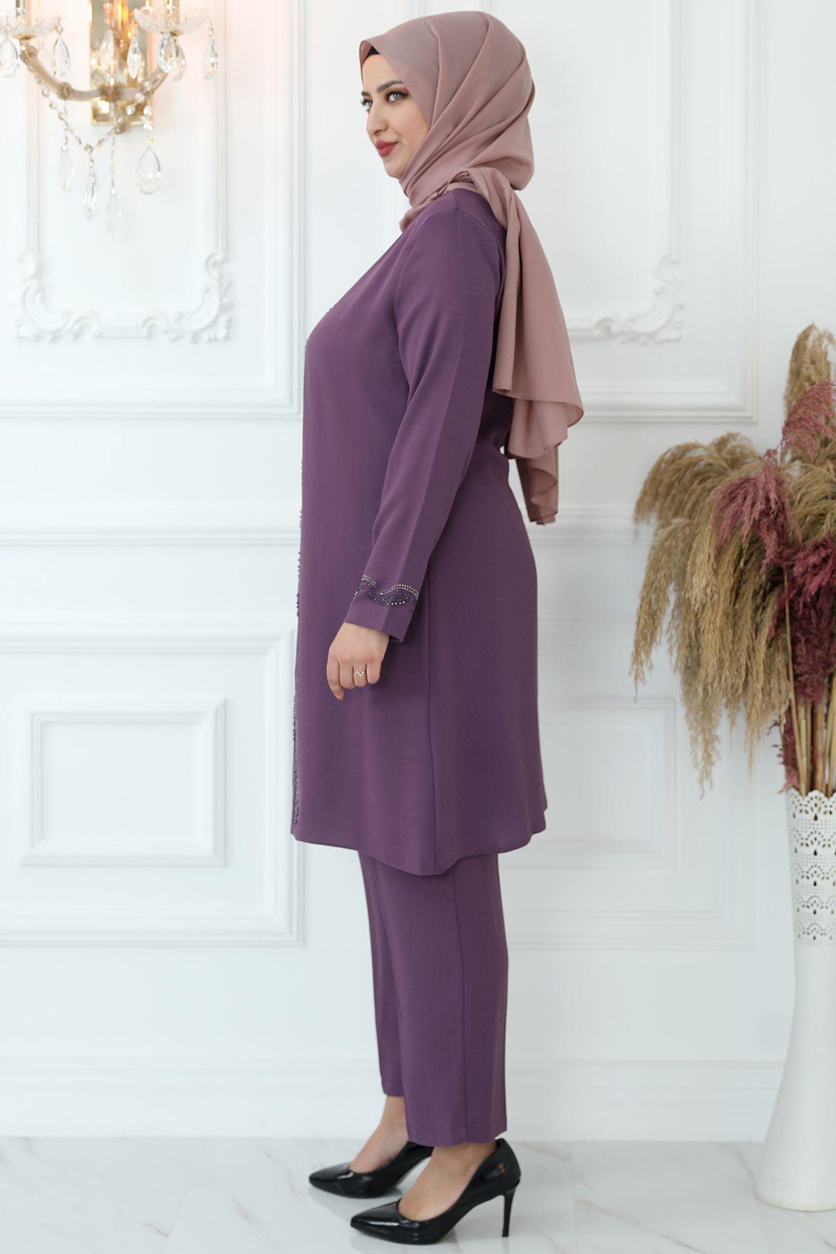 Steindruck Detaillierte Doppel-Anzug Violet AMH810AMH810-VİOLETAmine Hüma