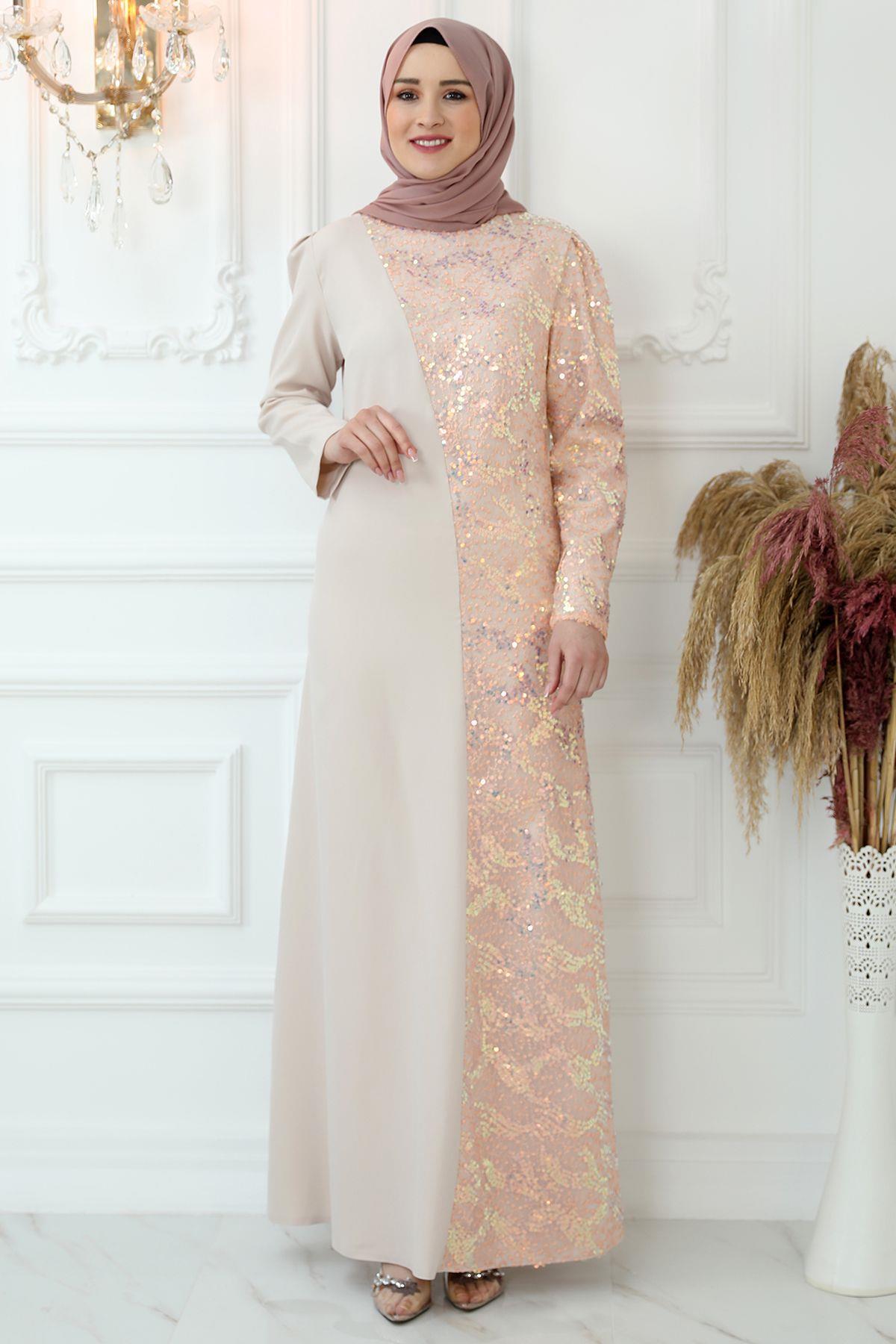 Pul Payetli Abiye Elbise Pudra AMH856AMH856-PUDRAAmine Hüma