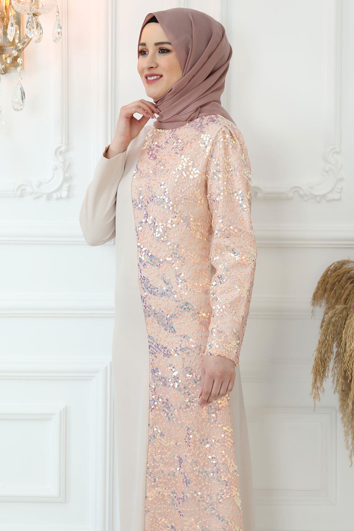 Pul Payetli Abiye Elbise Pudra AMH856AMH856-PUDRAAmine Hüma