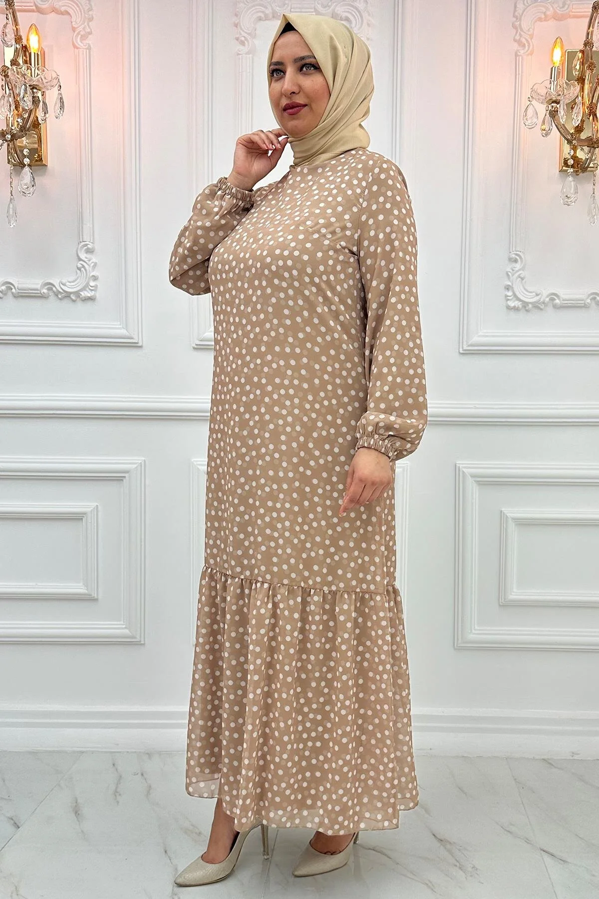 PUANTİYELİ ŞİFON ELBİSEAMH874-BEJAmine Hüma