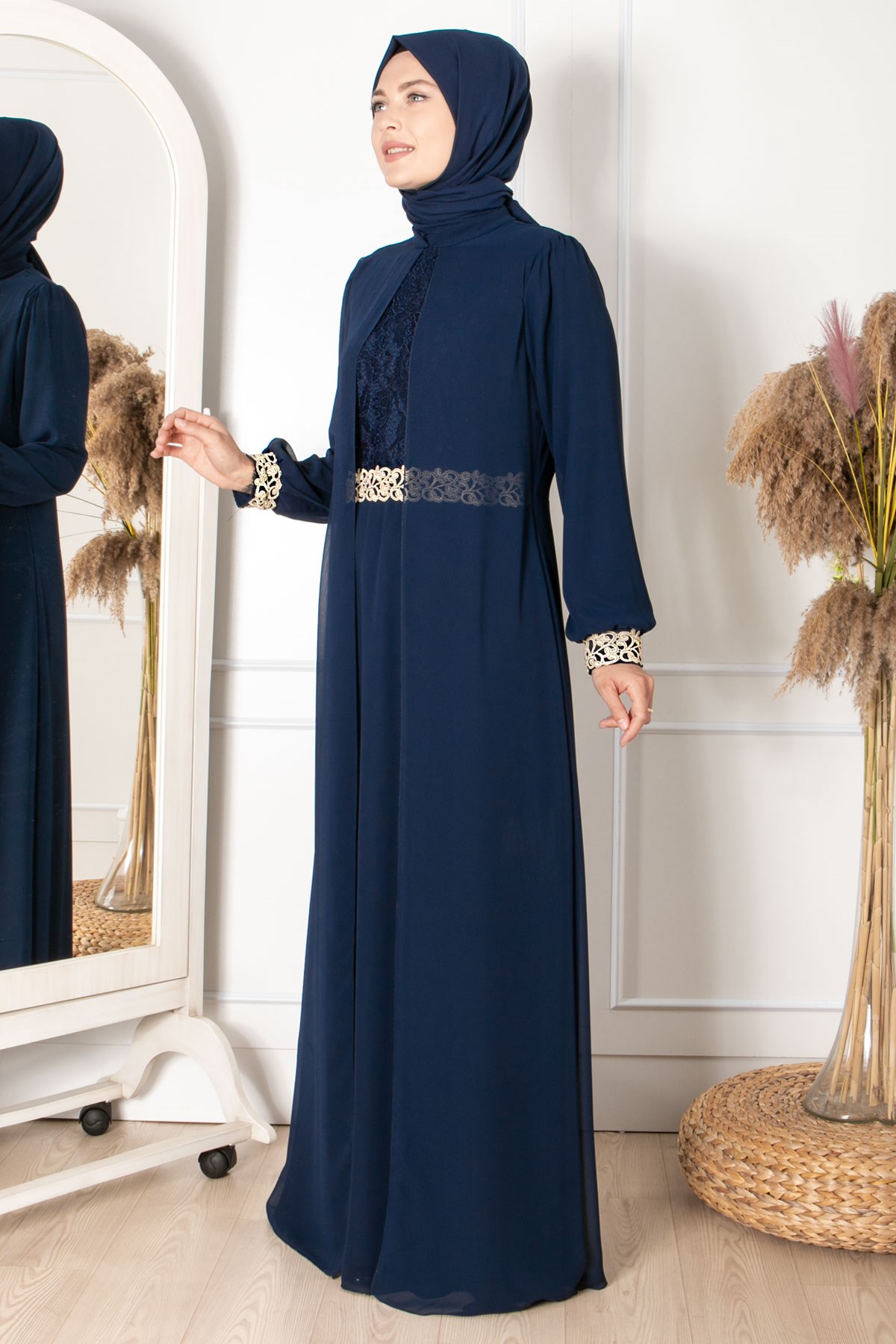 Evening Dress - Chiffon - Full Lined - High Collar - Dark Navy Blue - FHM411FHM411-LACİVERTFahima
