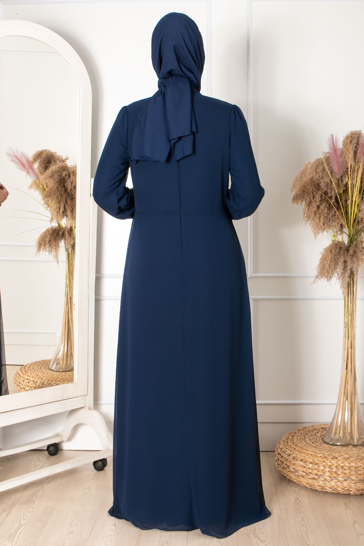 Evening Dress - Chiffon - Full Lined - High Collar - Dark Navy Blue - FHM411FHM411-LACİVERTFahima