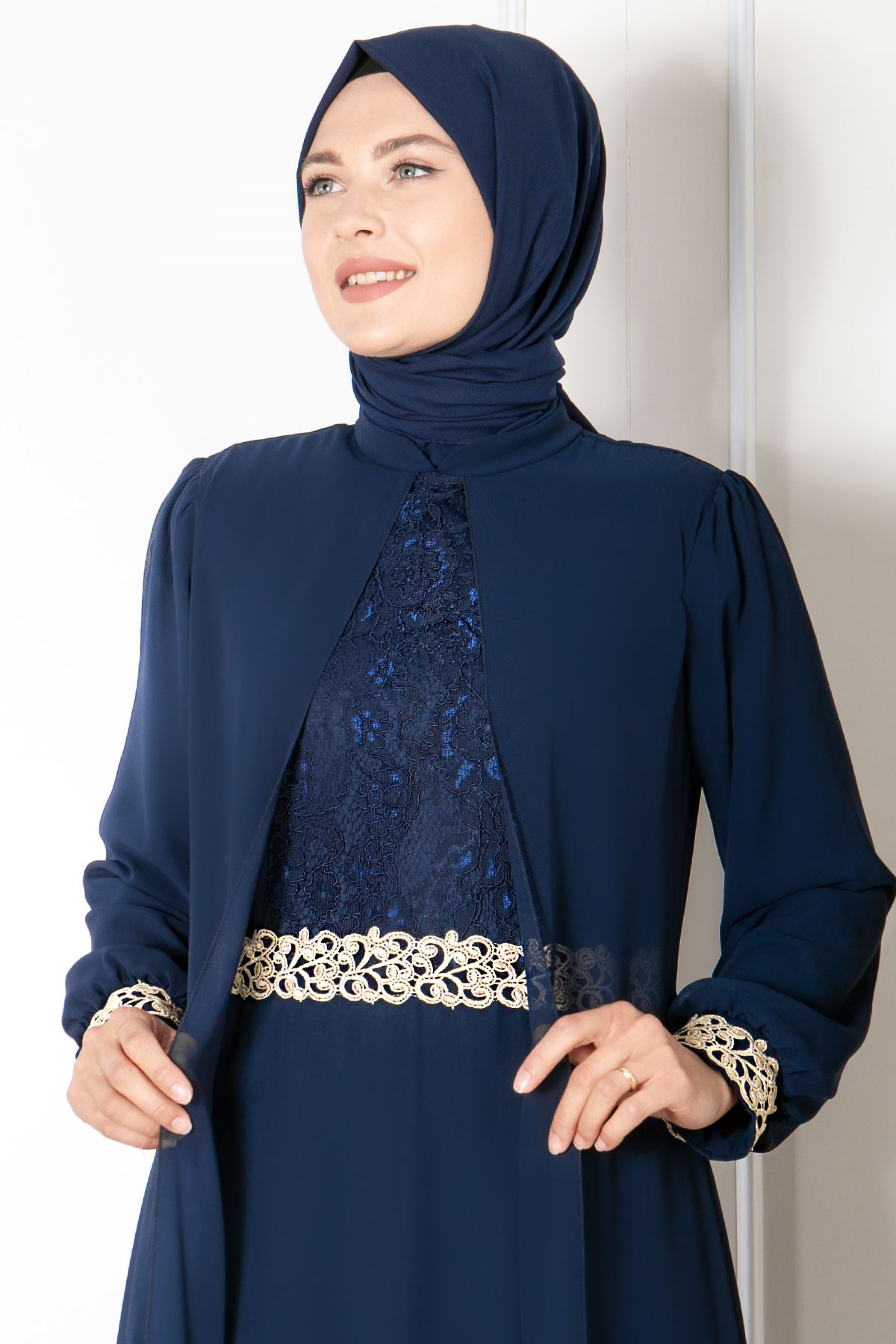 Evening Dress - Chiffon - Full Lined - High Collar - Dark Navy Blue - FHM411FHM411-LACİVERTFahima