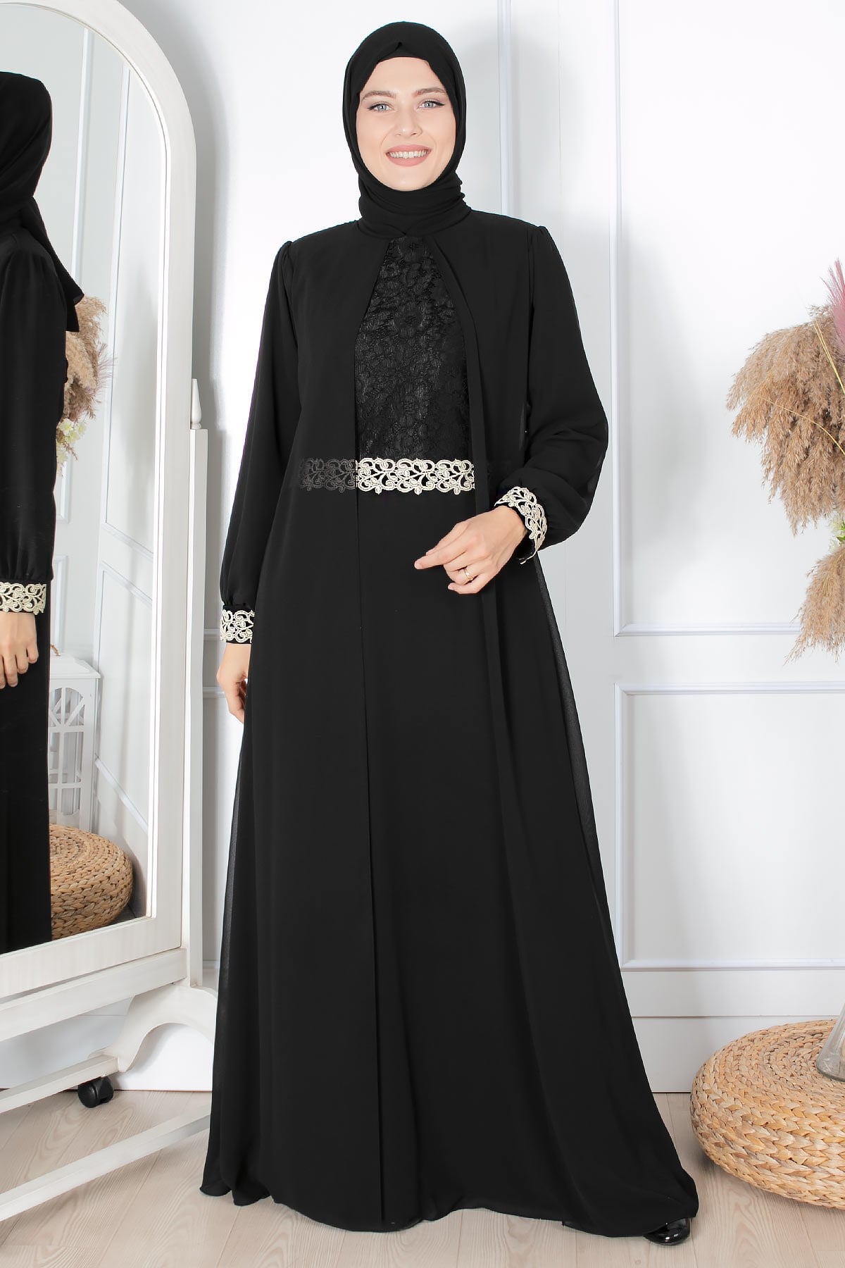 Abendkleid - Chiffon - Innenfutter - Stehkragen - Schwarz - FHM411FHM411-SİYAHFahima
