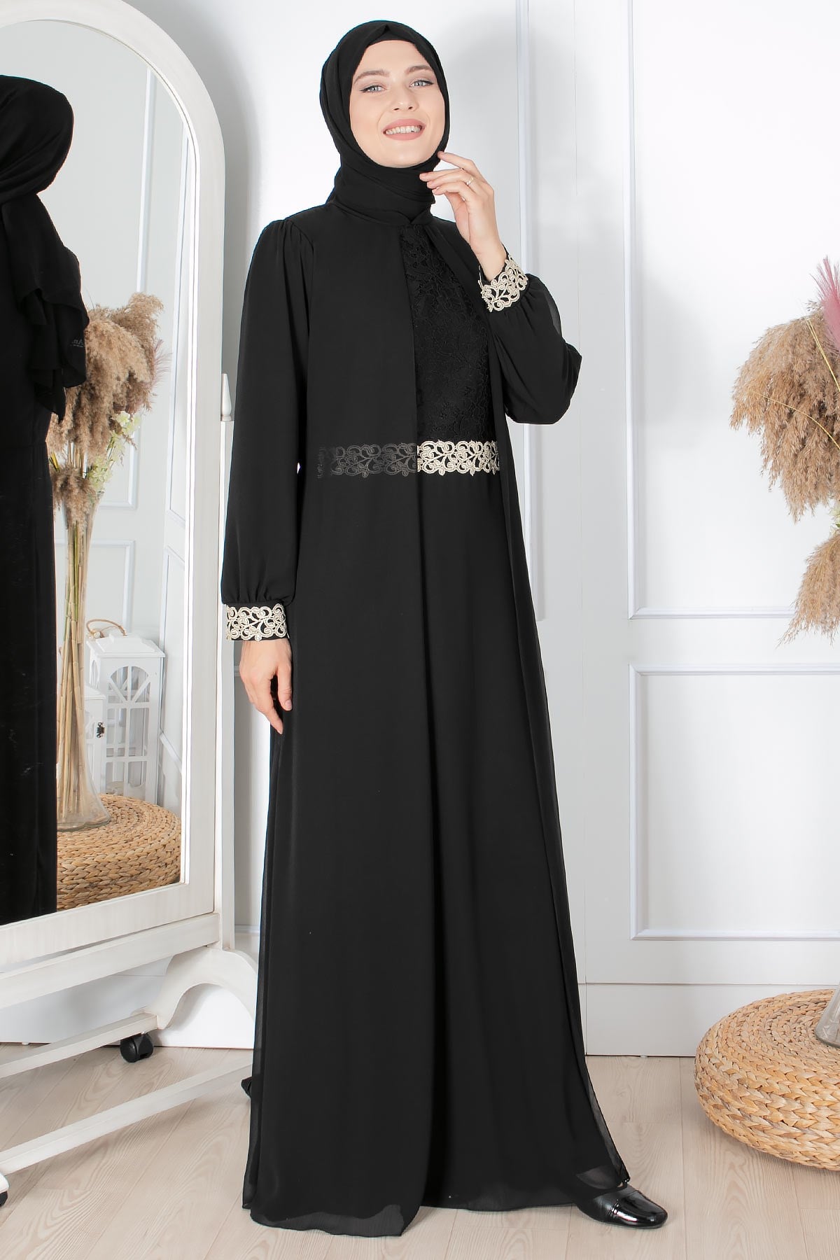 Abendkleid - Chiffon - Innenfutter - Stehkragen - Schwarz - FHM411FHM411-SİYAHFahima