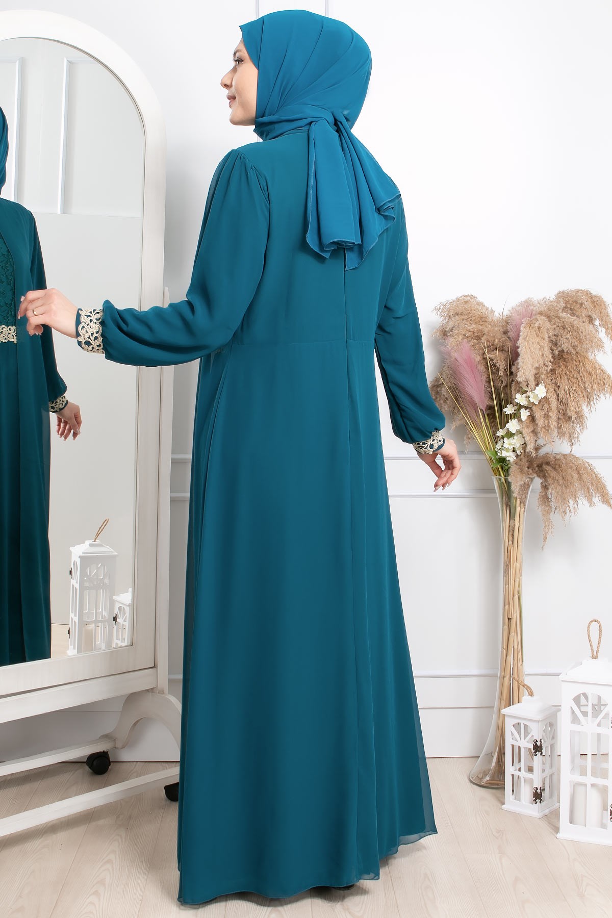 Evening Dress - Chiffon - Full Lined - High Collar - Emerald Green - FHM411FHM411-ZÜMRÜTFahima