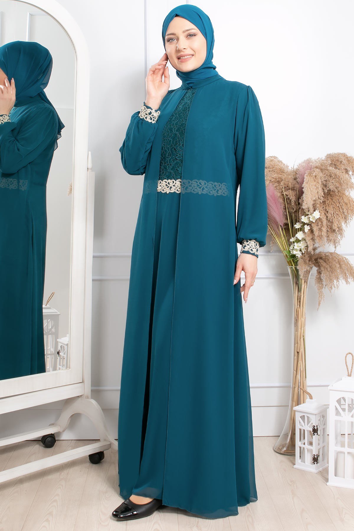 Evening Dress - Chiffon - Full Lined - High Collar - Emerald Green - FHM411FHM411-ZÜMRÜTFahima