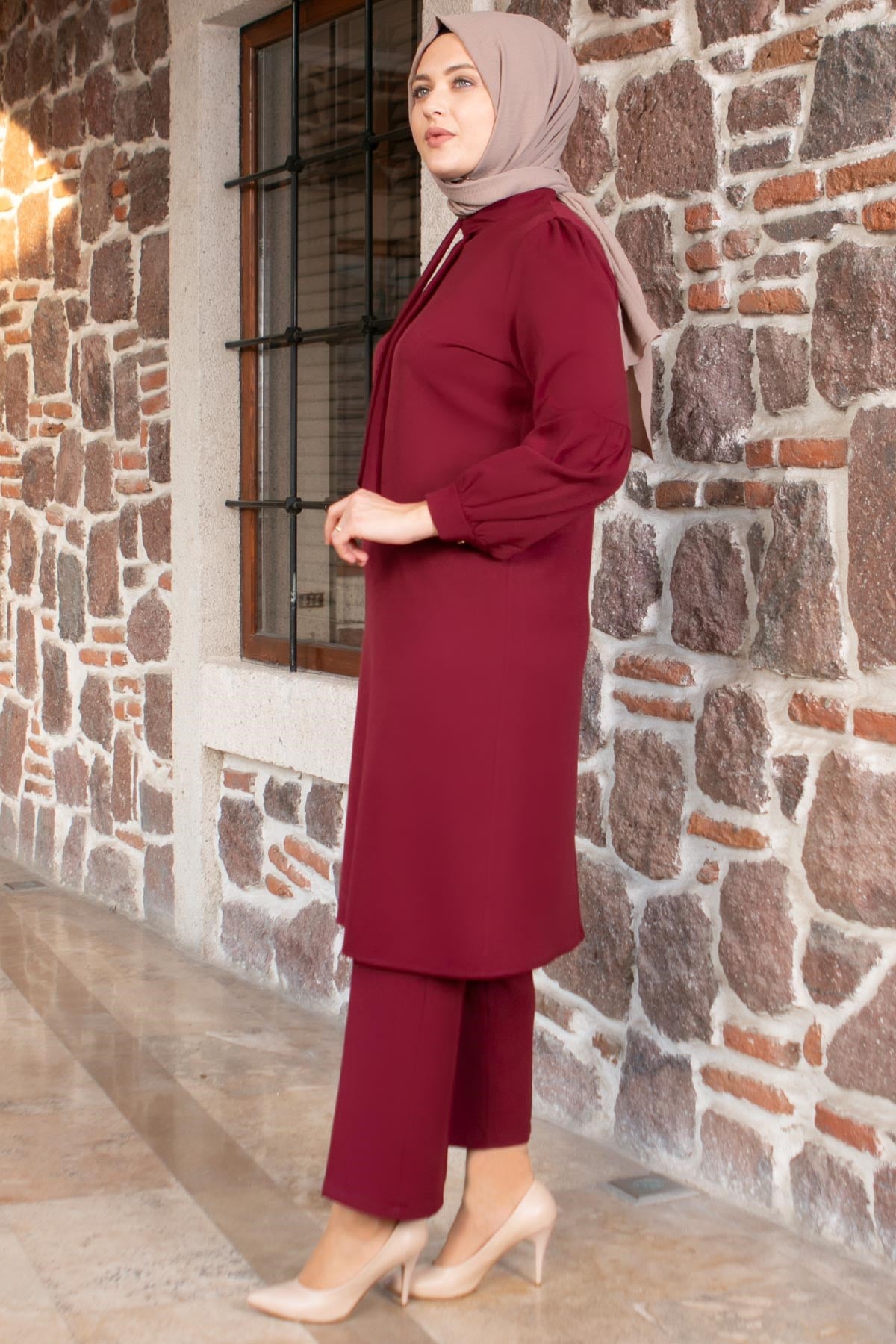 Tunique - Pantalon - Ensemble 2'er Set - Crêpe - Sans Doublure - Ras du Cou - Prune - FHM492FHM492-MÜRDÜMFahima