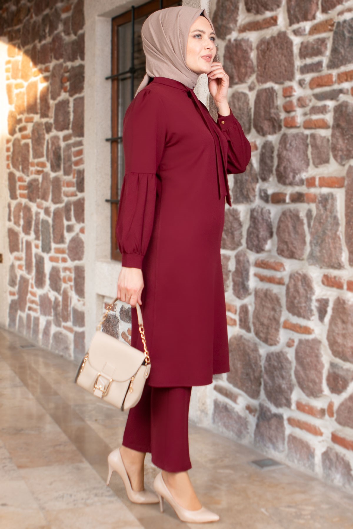 Tunique - Pantalon - Ensemble 2'er Set - Crêpe - Sans Doublure - Ras du Cou - Prune - FHM492FHM492-MÜRDÜMFahima