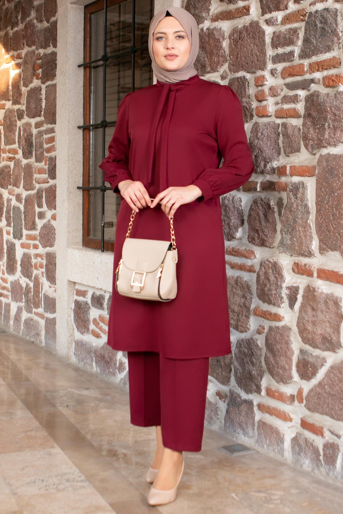 Tunique - Pantalon - Ensemble 2'er Set - Crêpe - Sans Doublure - Ras du Cou - Prune - FHM492FHM492-MÜRDÜMFahima