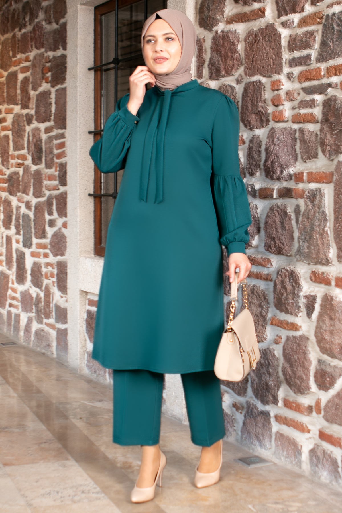 Tunic - Pants - 2 Piece Suit - Crepe - Unlined - Crew Neck - Petrol - FHM492FHM492-PETROLFahima