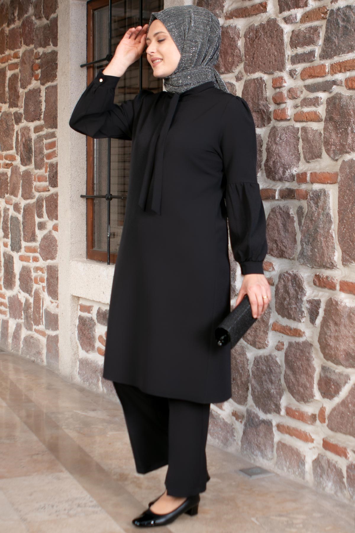 Tunic - Pants - 2 Piece Suit - Crepe - Unlined - Crew Neck - Black - FHM492FHM492-SİYAHFahima