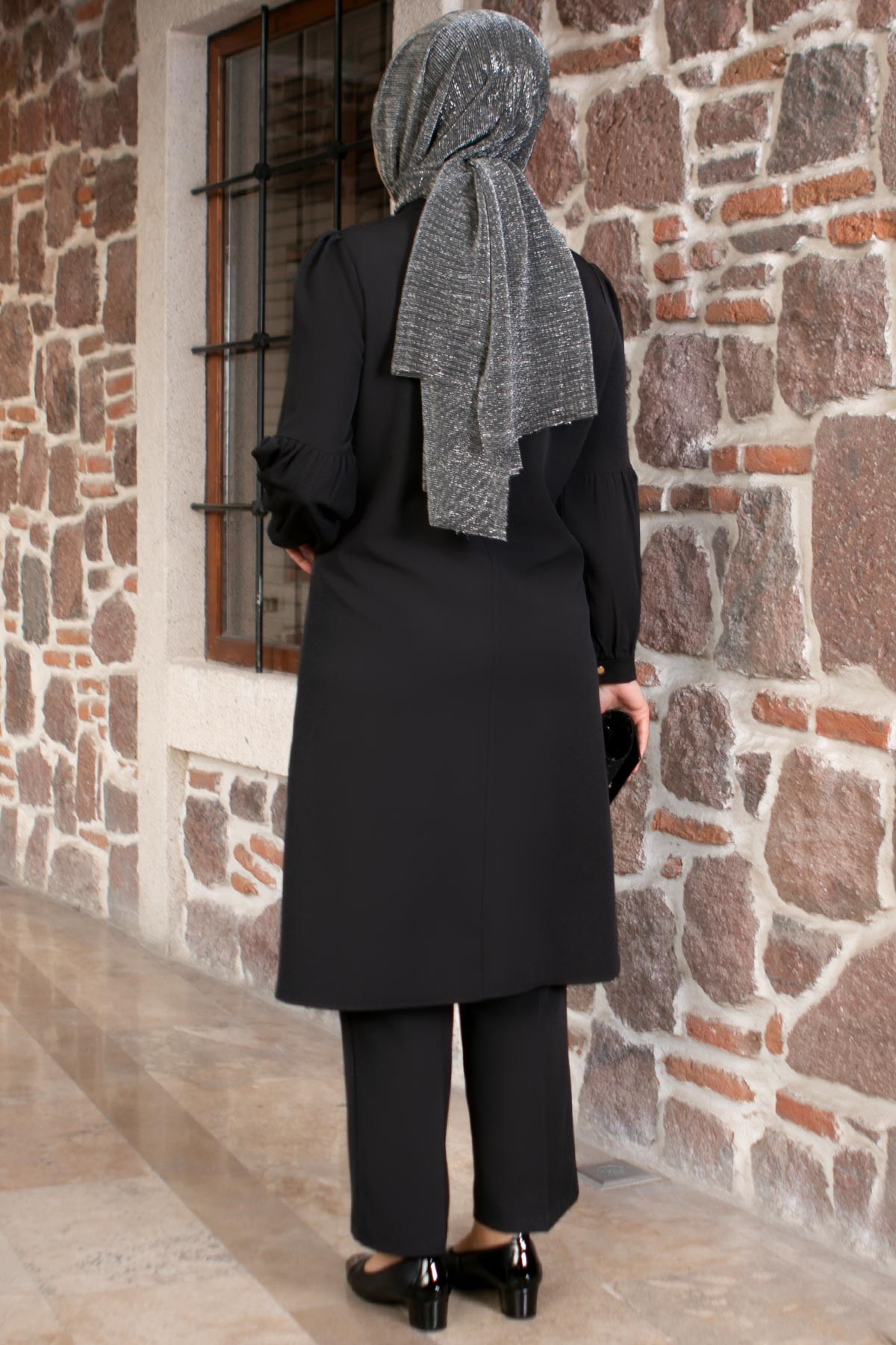 Tunic - Pants - 2 Piece Suit - Crepe - Unlined - Crew Neck - Black - FHM492FHM492-SİYAHFahima