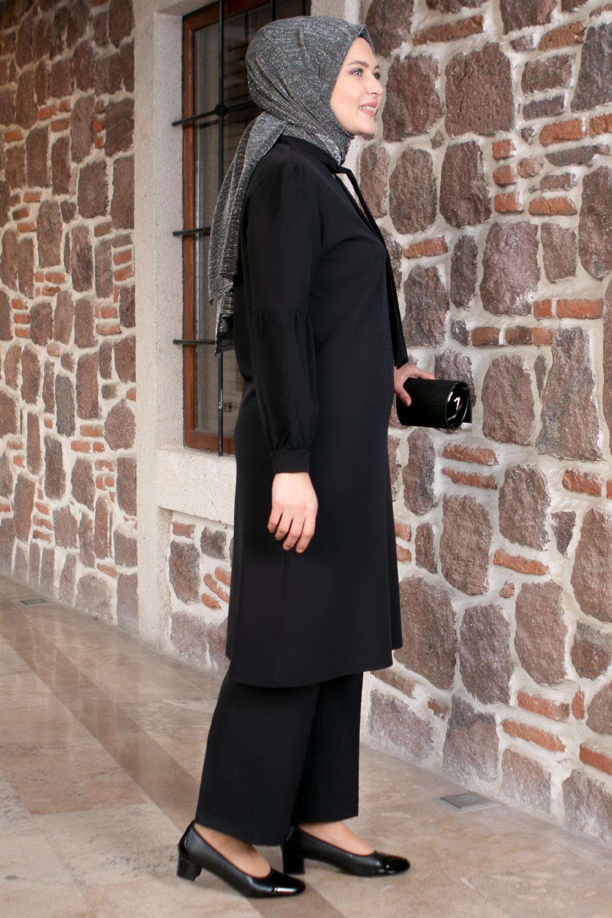 Tunic - Pants - 2 Piece Suit - Crepe - Unlined - Crew Neck - Black - FHM492FHM492-SİYAHFahima