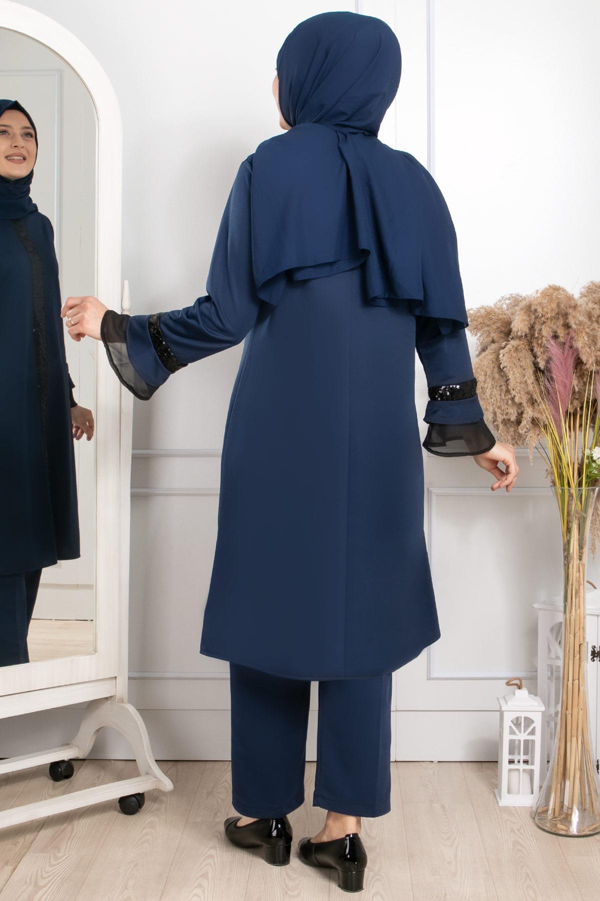 Tunic - Pants - Poly Cotton - Unlined - Crew Neck - Indigo Blue - FHM529FHM529-İNDİGOFahima