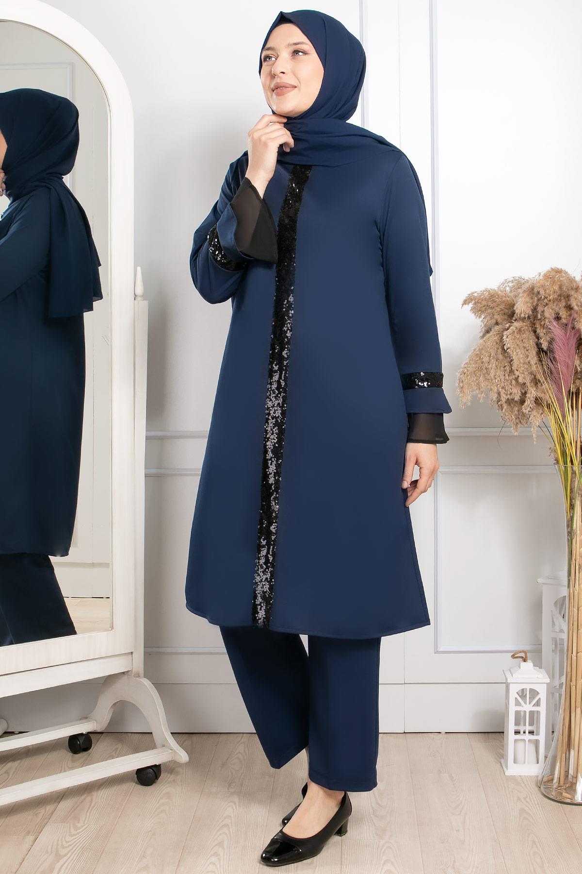 Tunic - Pants - Poly Cotton - Unlined - Crew Neck - Indigo Blue - FHM529FHM529-İNDİGOFahima