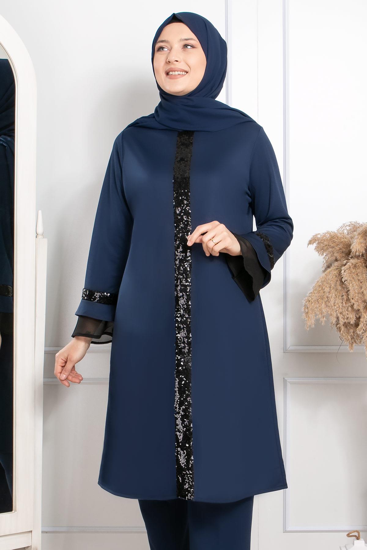 Tunic - Pants - Poly Cotton - Unlined - Crew Neck - Indigo Blue - FHM529FHM529-İNDİGOFahima