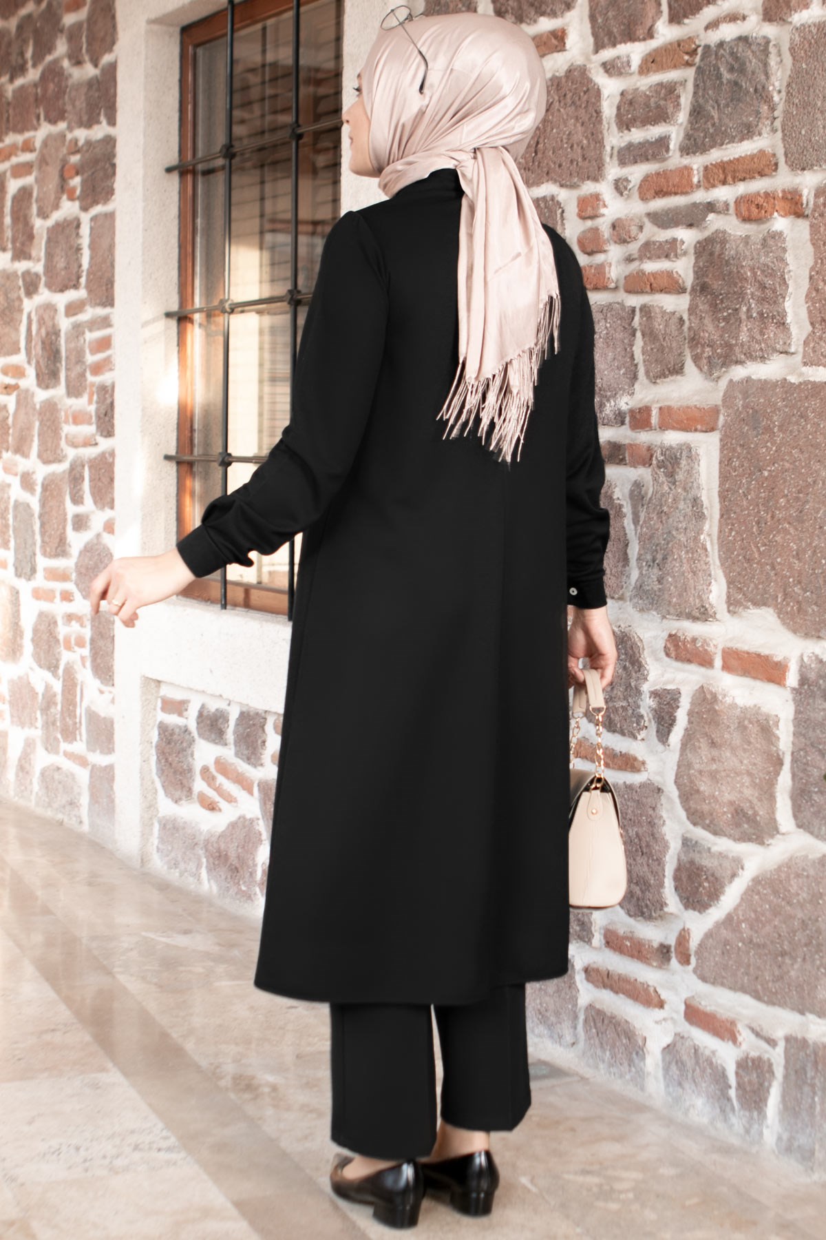 Tunic - Pants - 2 Piece Suit - Crepe - Unlined - Crew Neck - Black - FHM592FHM592-SİYAHFahima
