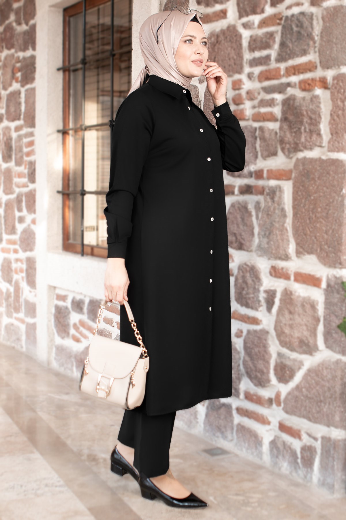 Tunic - Pants - 2 Piece Suit - Crepe - Unlined - Crew Neck - Black - FHM592FHM592-SİYAHFahima