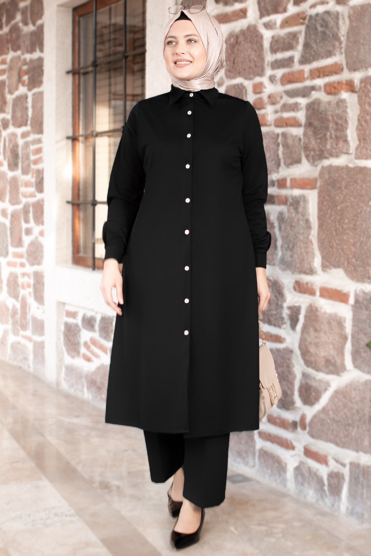 Tunic - Pants - 2 Piece Suit - Crepe - Unlined - Crew Neck - Black - FHM592FHM592-SİYAHFahima