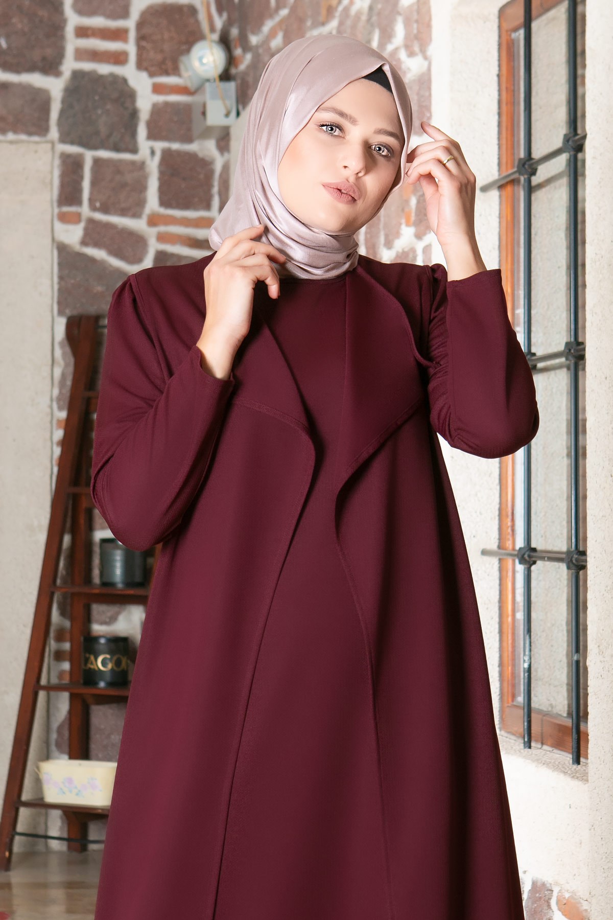 Vest - Long Sleeve Dress - Crepe - Unlined - Crew Neck - Plum - FHM606FHM606-MÜRDÜMFahima