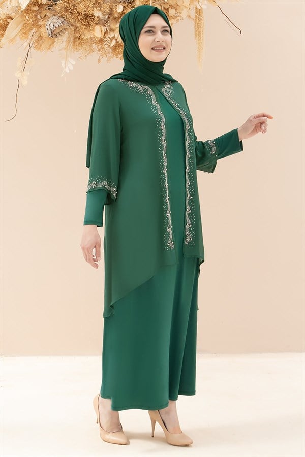 Dress - Lycra - Unlined - Crew Neck - Emerald Green - FHM628FHM628-ZÜMRÜTFahima