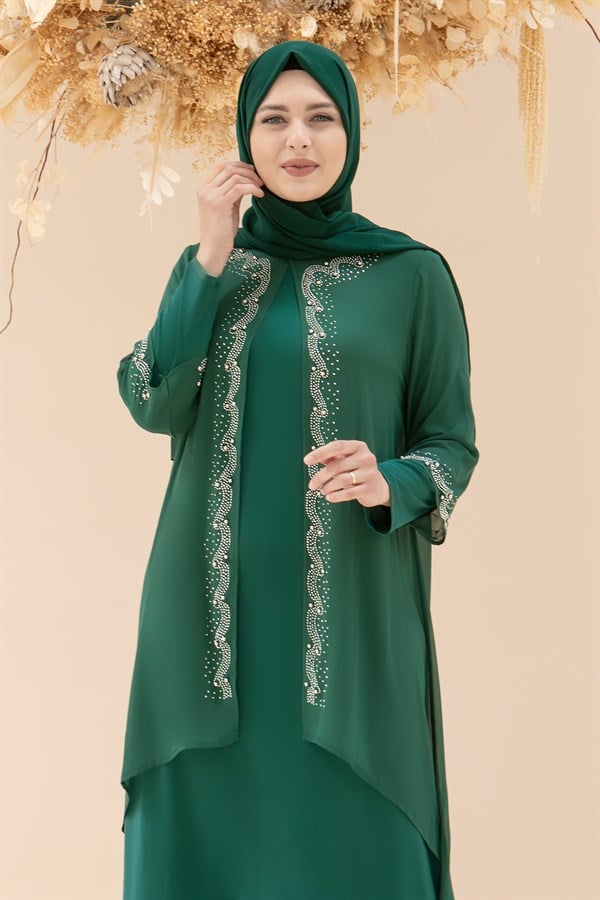 Dress - Lycra - Unlined - Crew Neck - Emerald Green - FHM628FHM628-ZÜMRÜTFahima