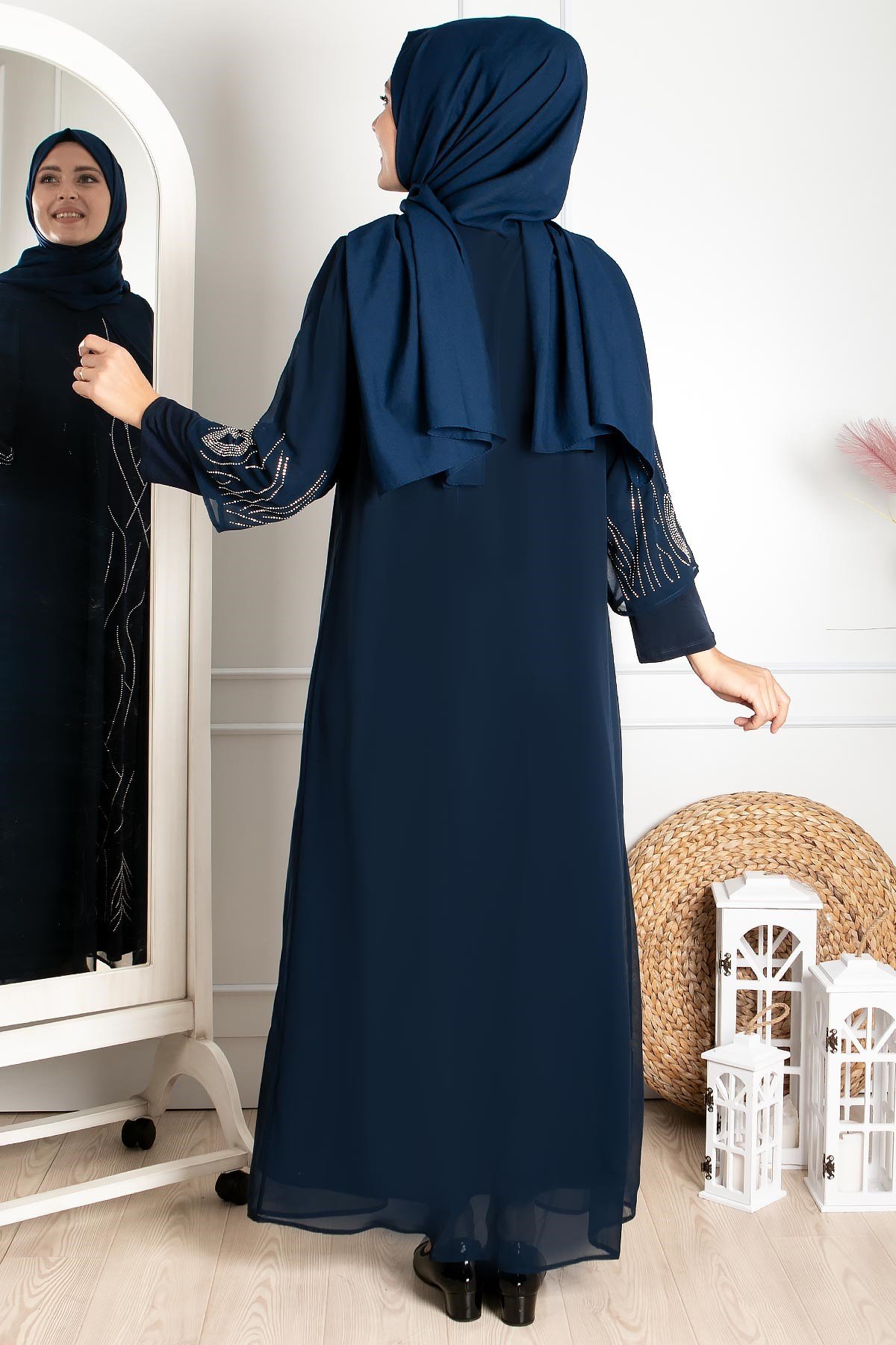 Dress - Lycra - Unlined - Crew Neck - Navy Blue Green - FHM644FHM644-LACİVERTFahima