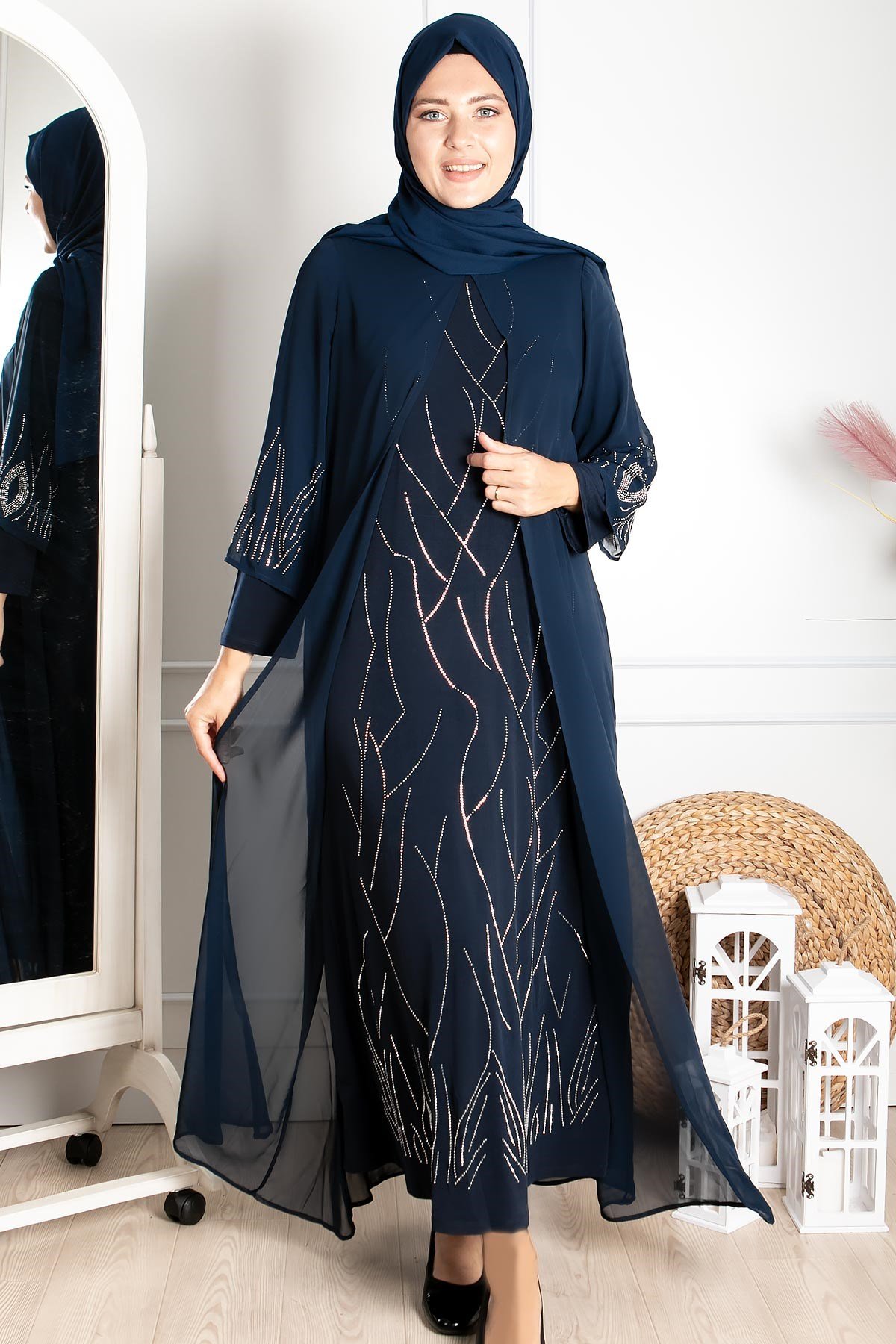 Dress - Lycra - Unlined - Crew Neck - Navy Blue Green - FHM644FHM644-LACİVERTFahima