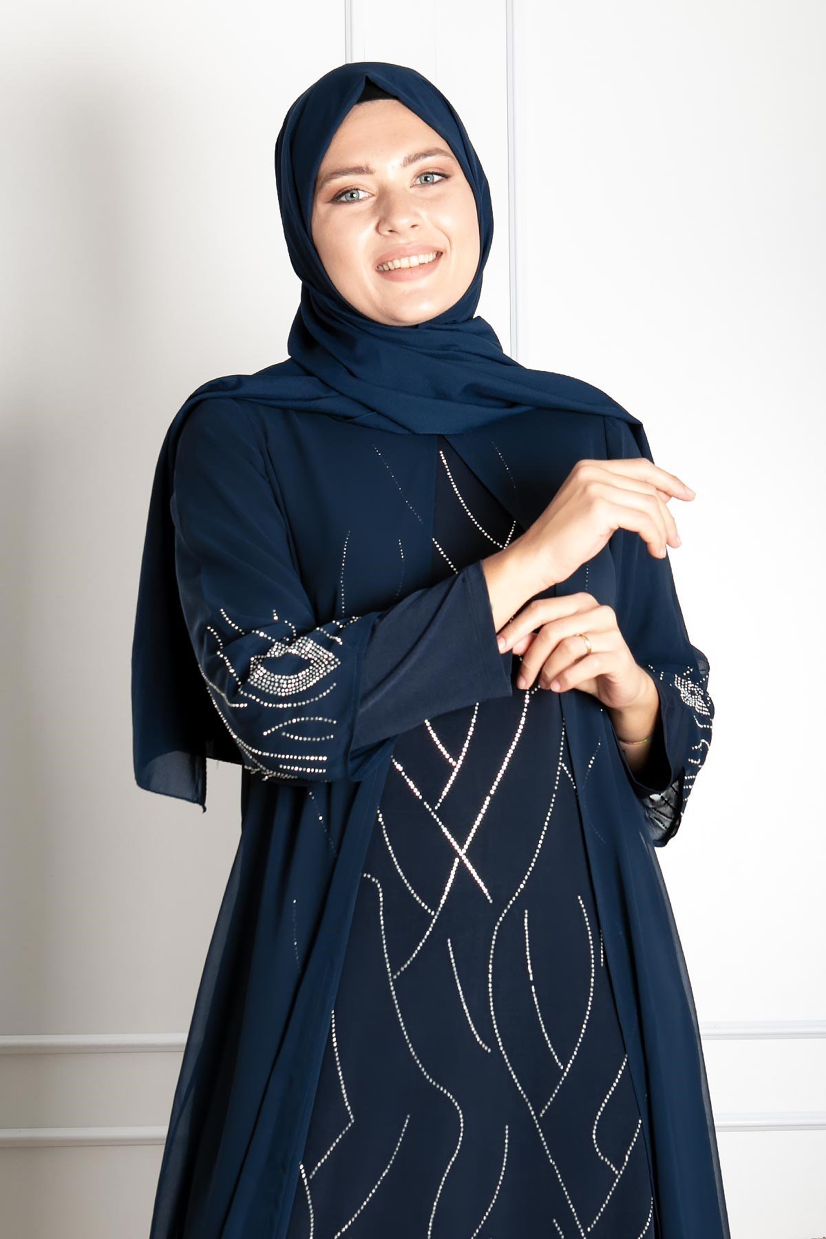 Dress - Lycra - Unlined - Crew Neck - Navy Blue Green - FHM644FHM644-LACİVERTFahima