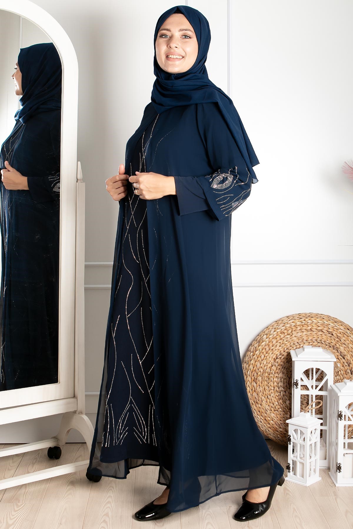 Dress - Lycra - Unlined - Crew Neck - Navy Blue Green - FHM644FHM644-LACİVERTFahima