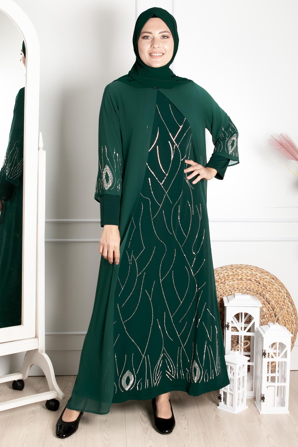 Dress - Lycra - Unlined - Crew Neck - Emerald Green - FHM644FHM644-ZÜMRÜTFahima