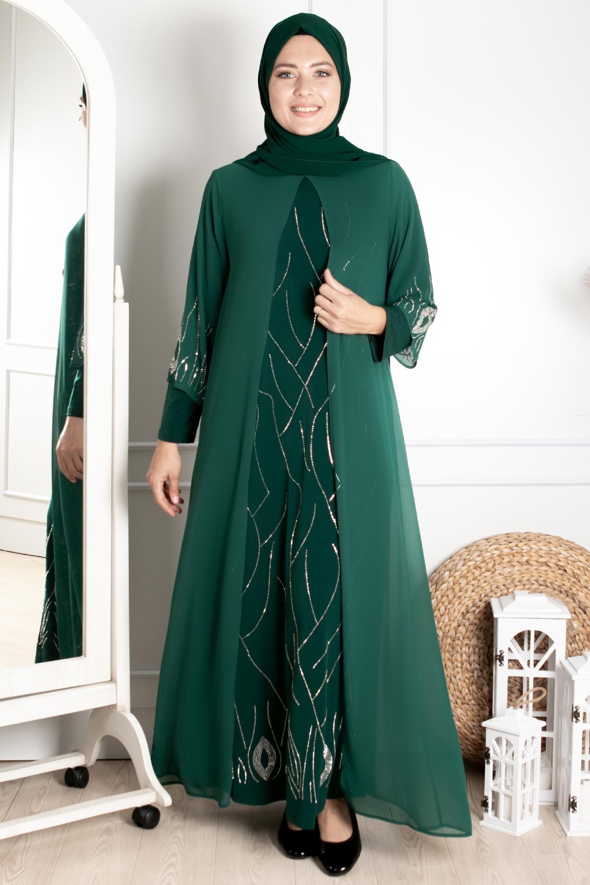 Dress - Lycra - Unlined - Crew Neck - Emerald Green - FHM644FHM644-ZÜMRÜTFahima