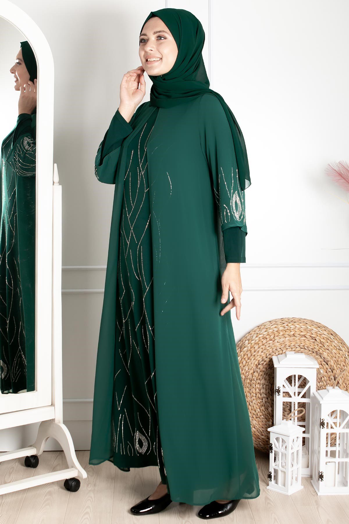 Dress - Lycra - Unlined - Crew Neck - Emerald Green - FHM644FHM644-ZÜMRÜTFahima