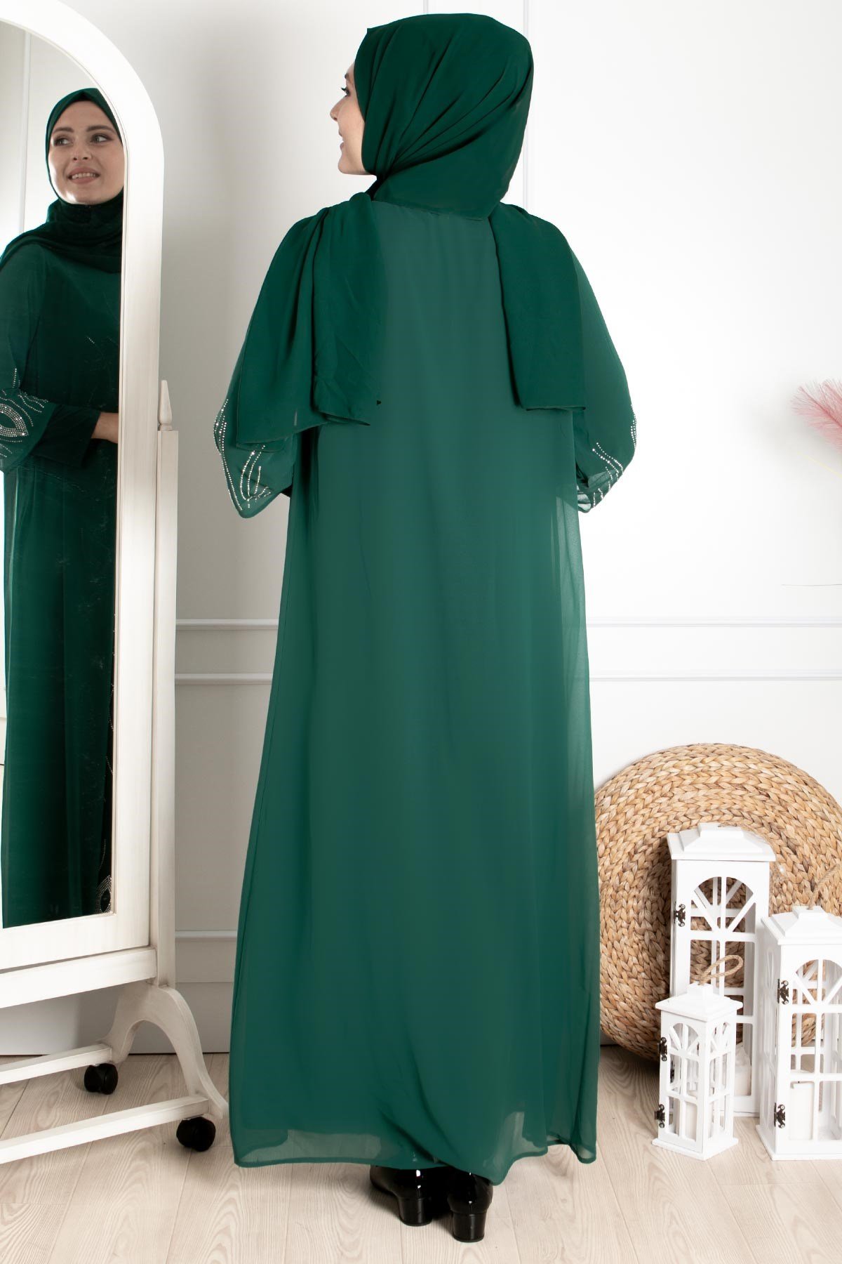 Dress - Lycra - Unlined - Crew Neck - Emerald Green - FHM644FHM644-ZÜMRÜTFahima