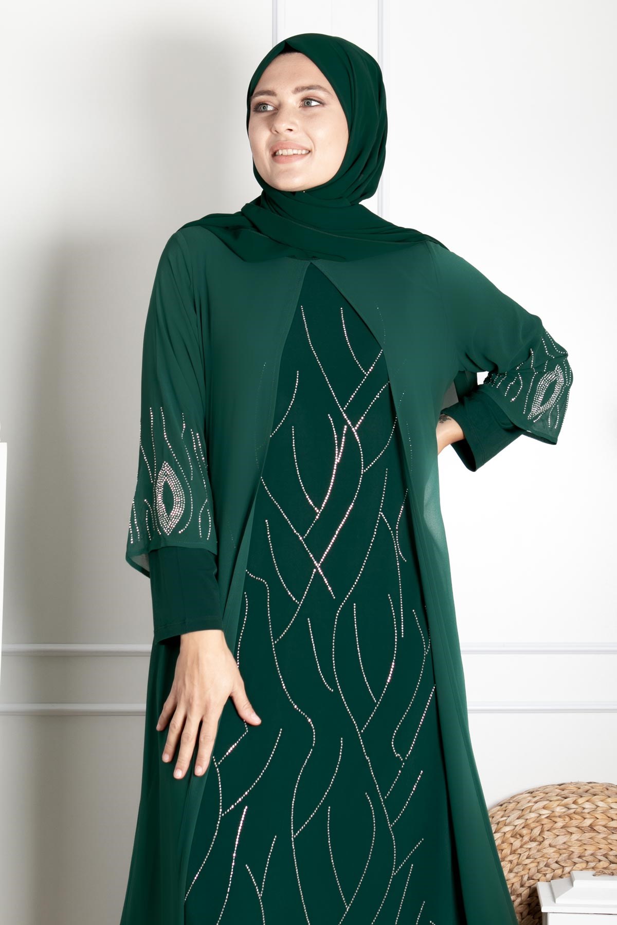 Dress - Lycra - Unlined - Crew Neck - Emerald Green - FHM644FHM644-ZÜMRÜTFahima