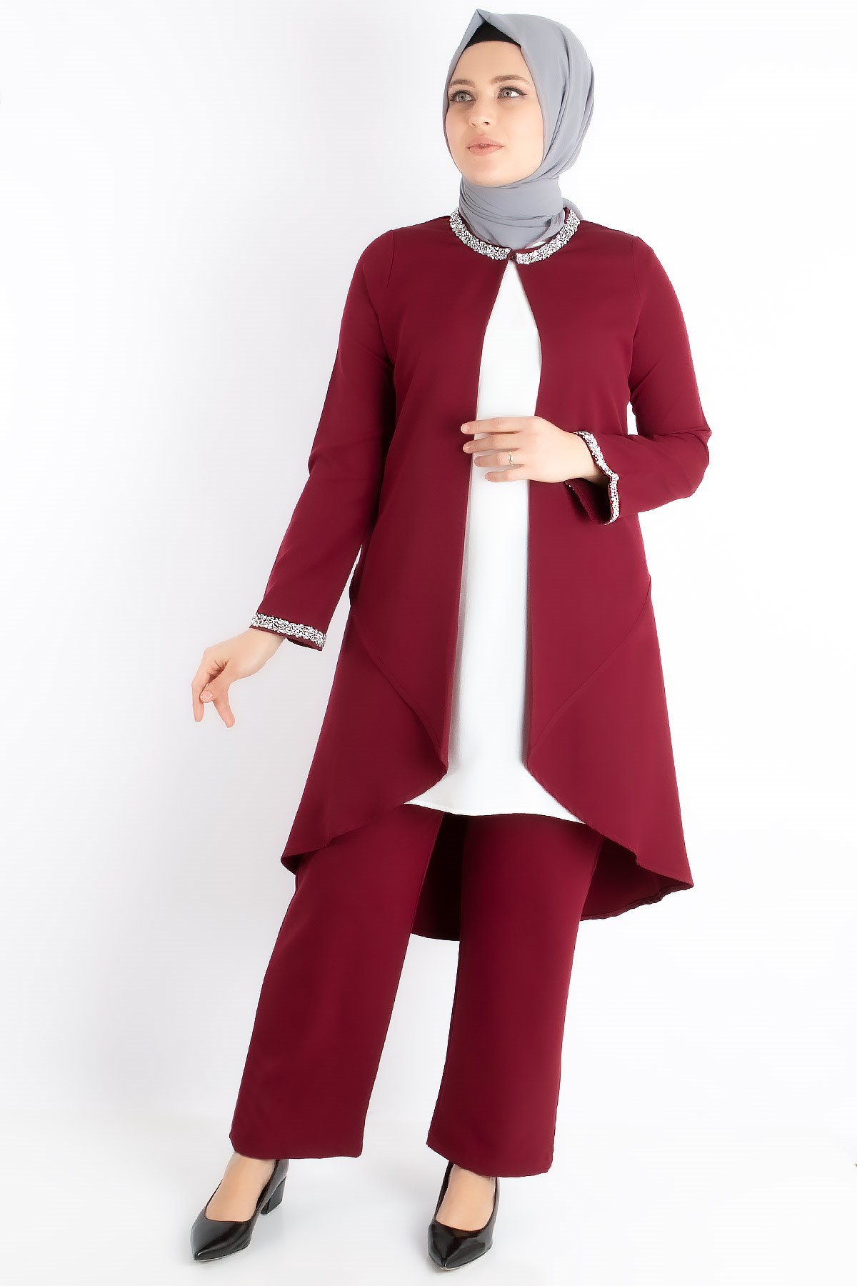 Jacket - Tunic - Trousers - 2 Piece Suits - Crepe - Unlined - Crew Neck - Plum - FHM727FHM727-MÜRDÜMFahima