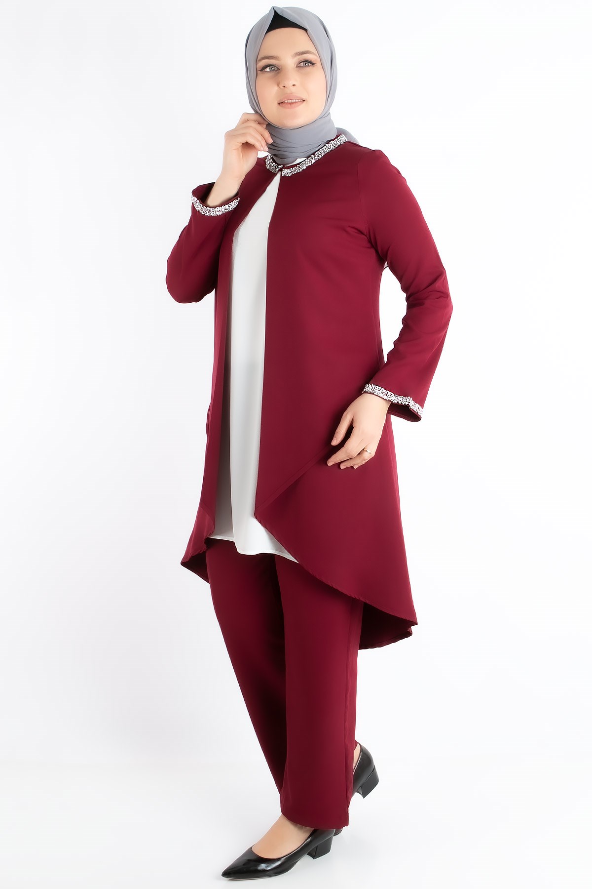 Jacket - Tunic - Trousers - 2 Piece Suits - Crepe - Unlined - Crew Neck - Plum - FHM727FHM727-MÜRDÜMFahima