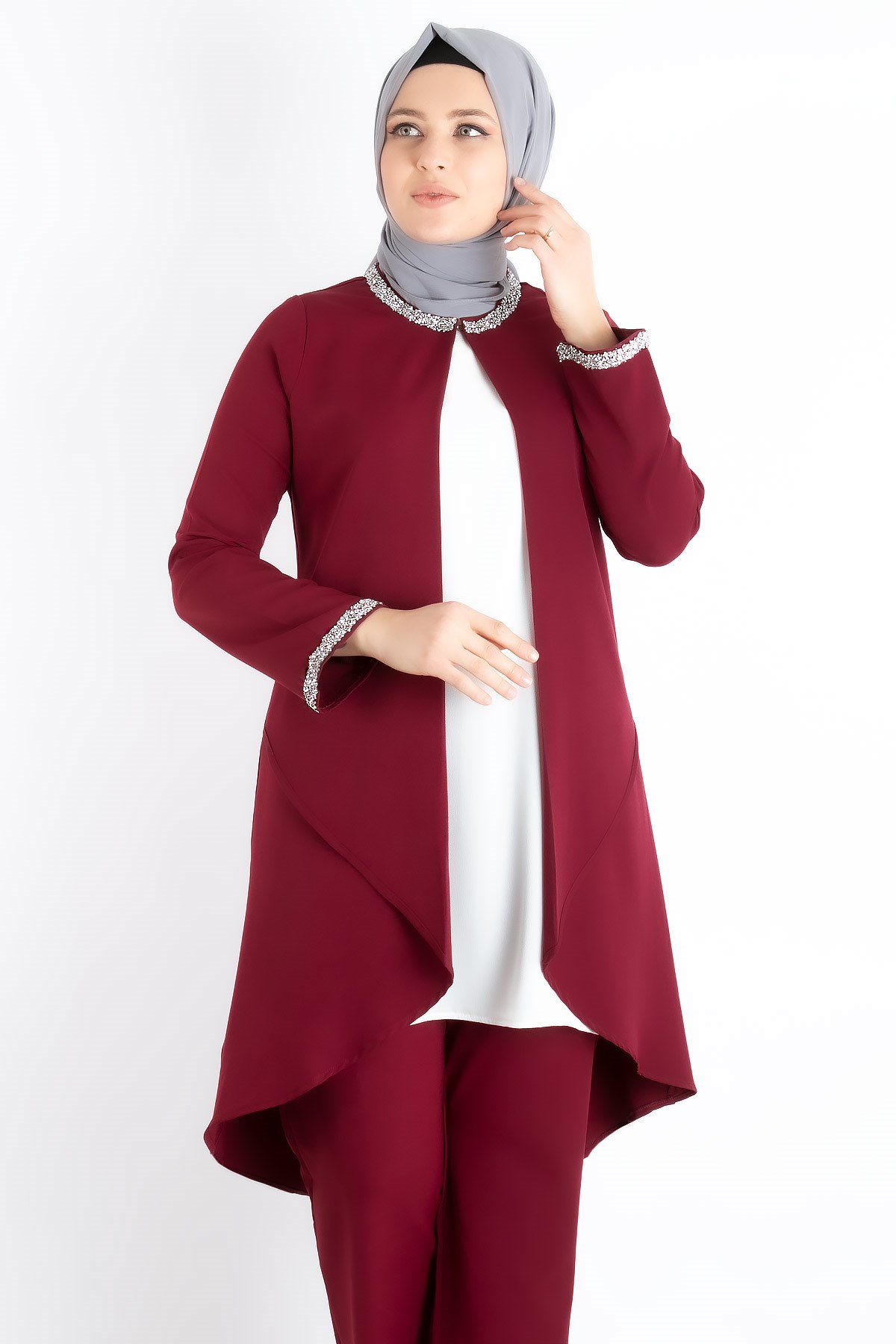 Jacket - Tunic - Trousers - 2 Piece Suits - Crepe - Unlined - Crew Neck - Plum - FHM727FHM727-MÜRDÜMFahima