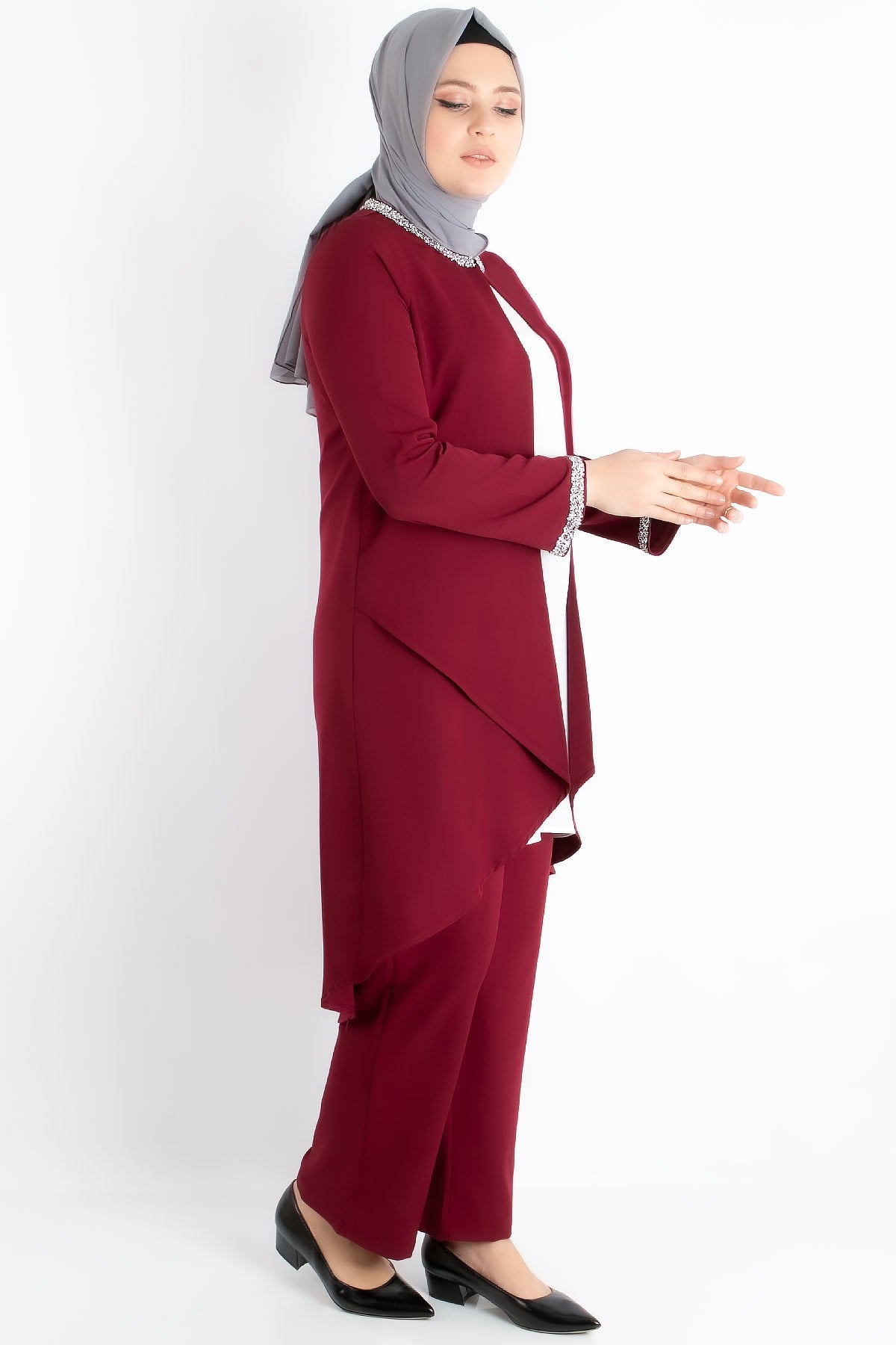 Jacket - Tunic - Trousers - 2 Piece Suits - Crepe - Unlined - Crew Neck - Plum - FHM727FHM727-MÜRDÜMFahima