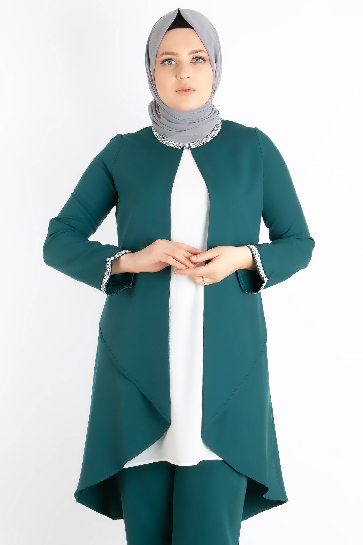 Jacket - Tunic - Trousers - 2 Piece Suits - Crepe - Unlined - Crew Neck - Petrol - FHM727FHM727-PETROLFahima