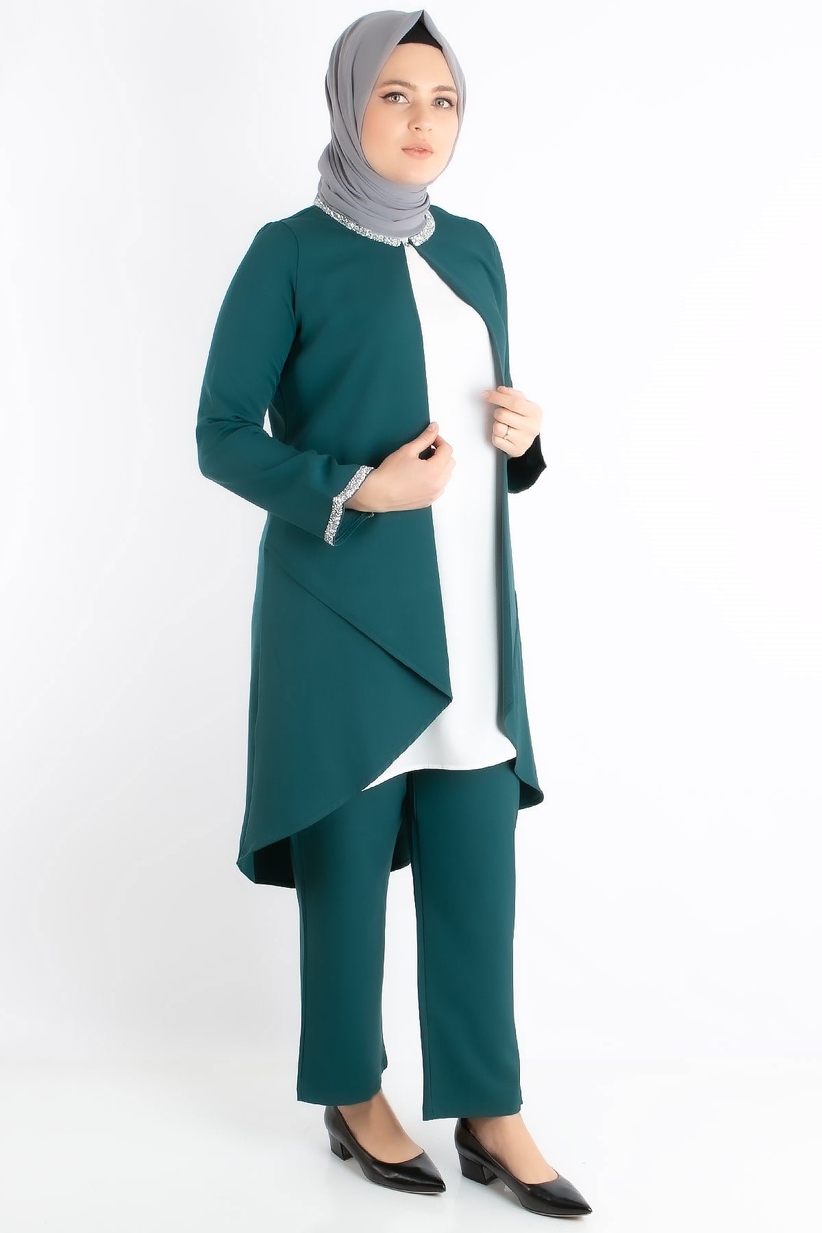 Jacket - Tunic - Trousers - 2 Piece Suits - Crepe - Unlined - Crew Neck - Petrol - FHM727FHM727-PETROLFahima