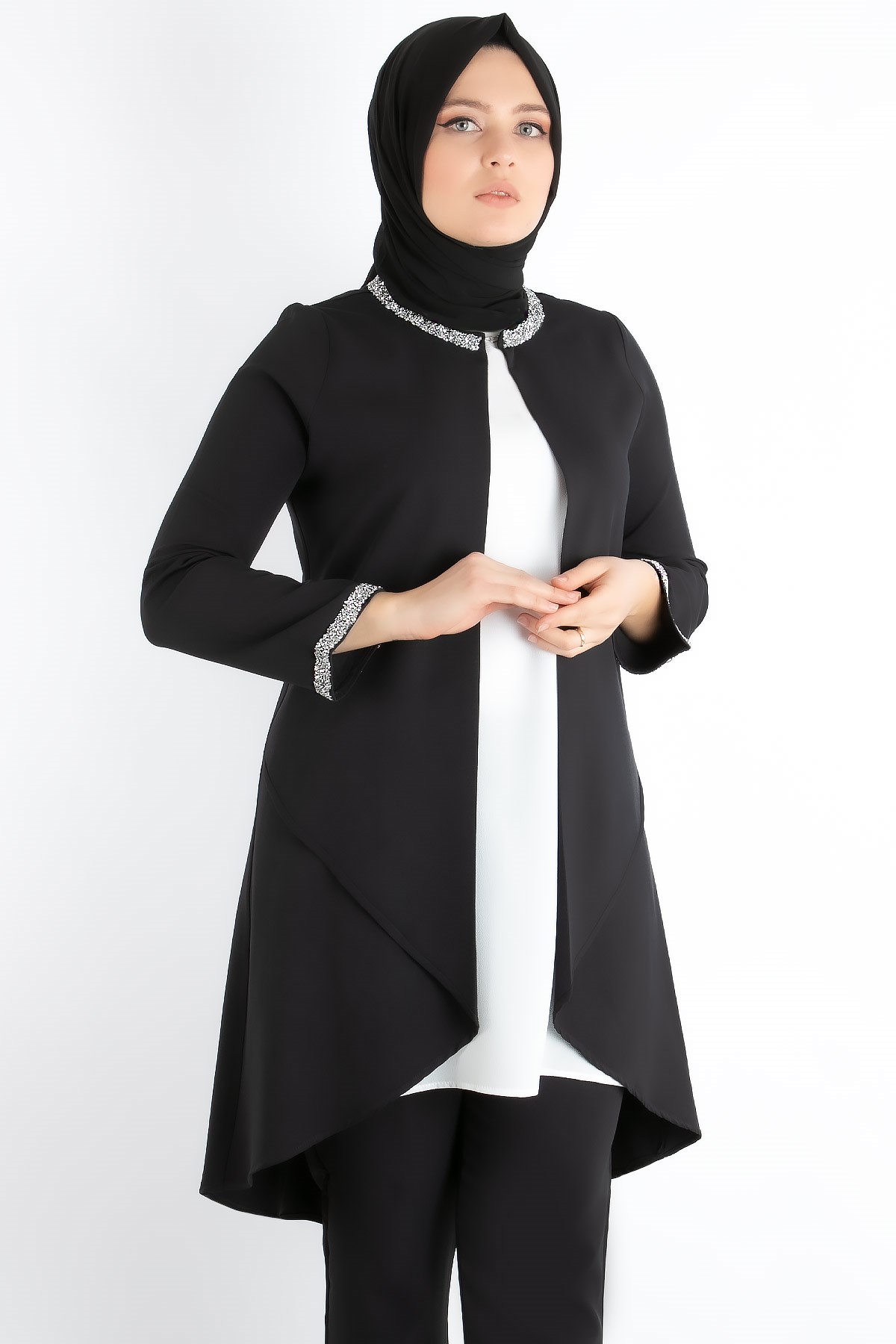 Jacket - Tunic - Trousers - 2 Piece Suits - Crepe - Unlined - Crew Neck - Black - FHM727FHM727-SİYAHFahima