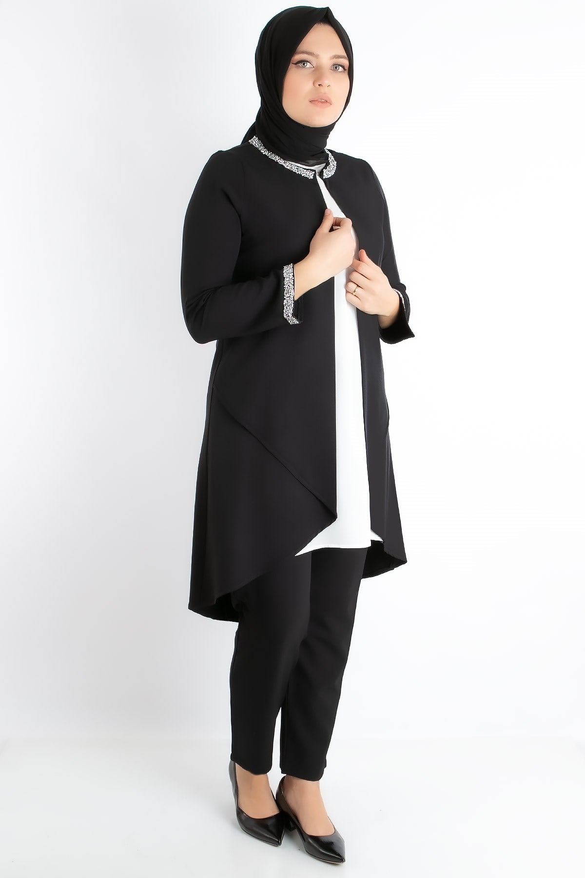 Jacket - Tunic - Trousers - 2 Piece Suits - Crepe - Unlined - Crew Neck - Black - FHM727FHM727-SİYAHFahima