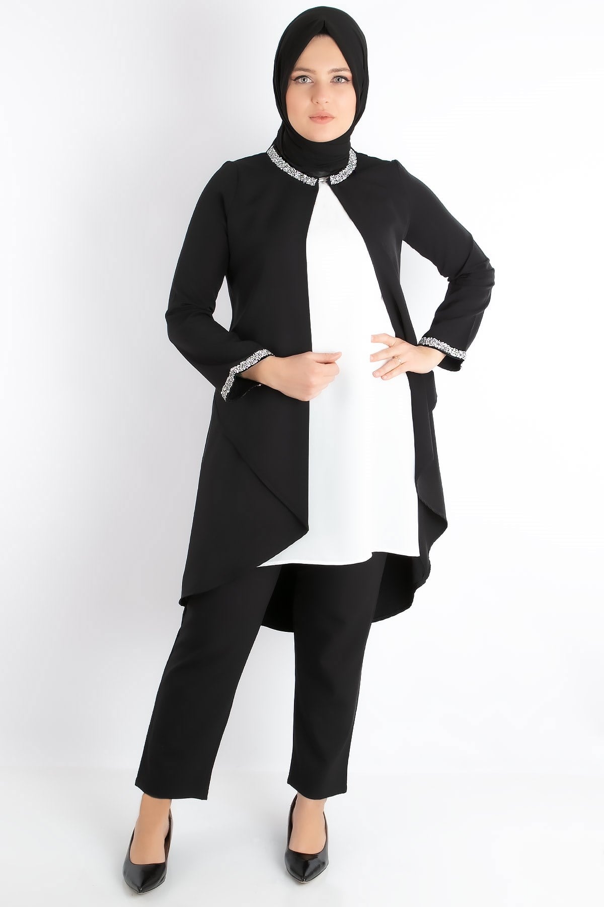 Jacket - Tunic - Trousers - 2 Piece Suits - Crepe - Unlined - Crew Neck - Black - FHM727FHM727-SİYAHFahima